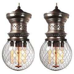 Matching Pair of 12 Inch Wire Globe Humphrey Gas Lamps