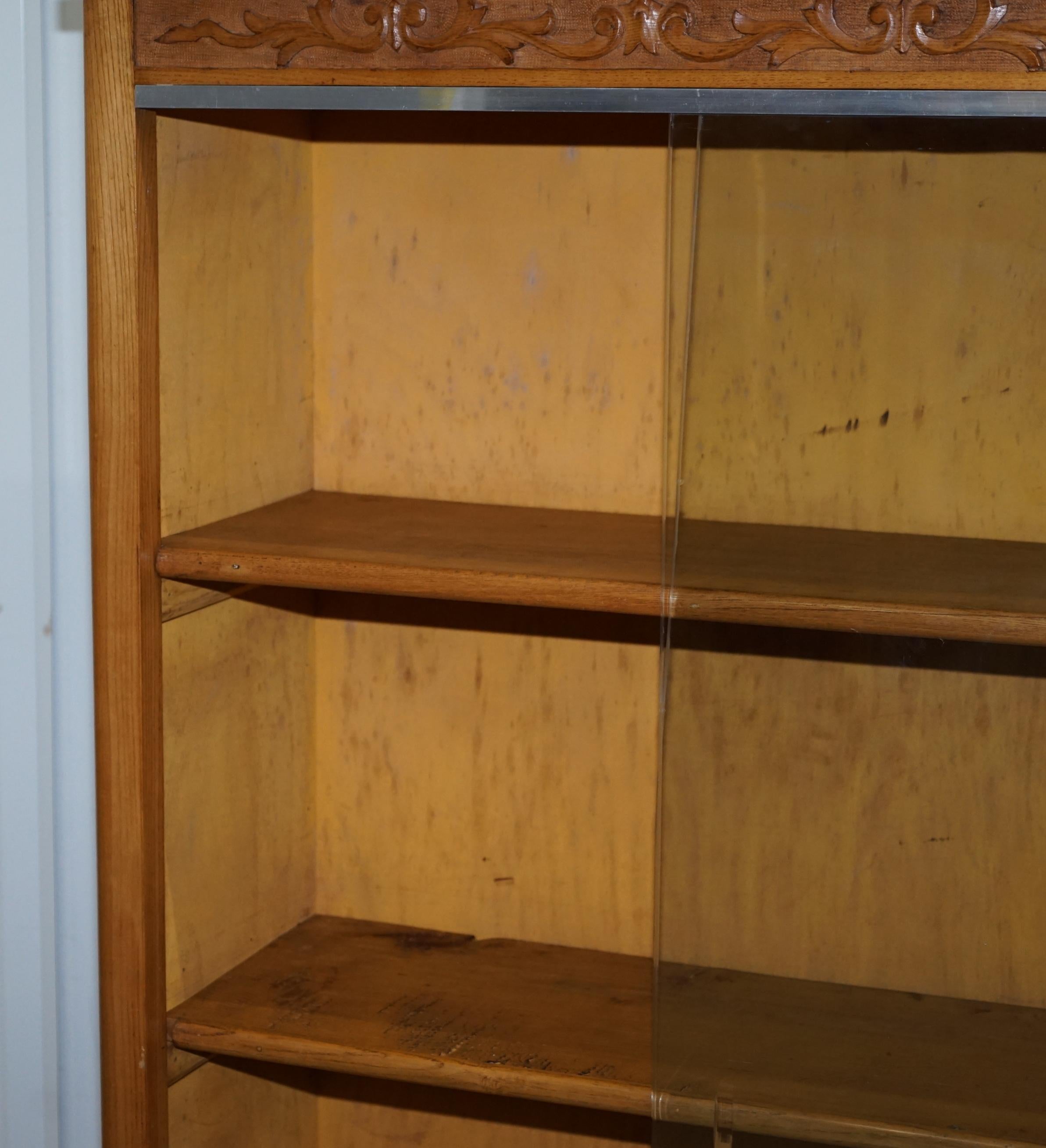 Matching Pair of English Oak Library Study Bookcases with Glazed Doors For Sale 4