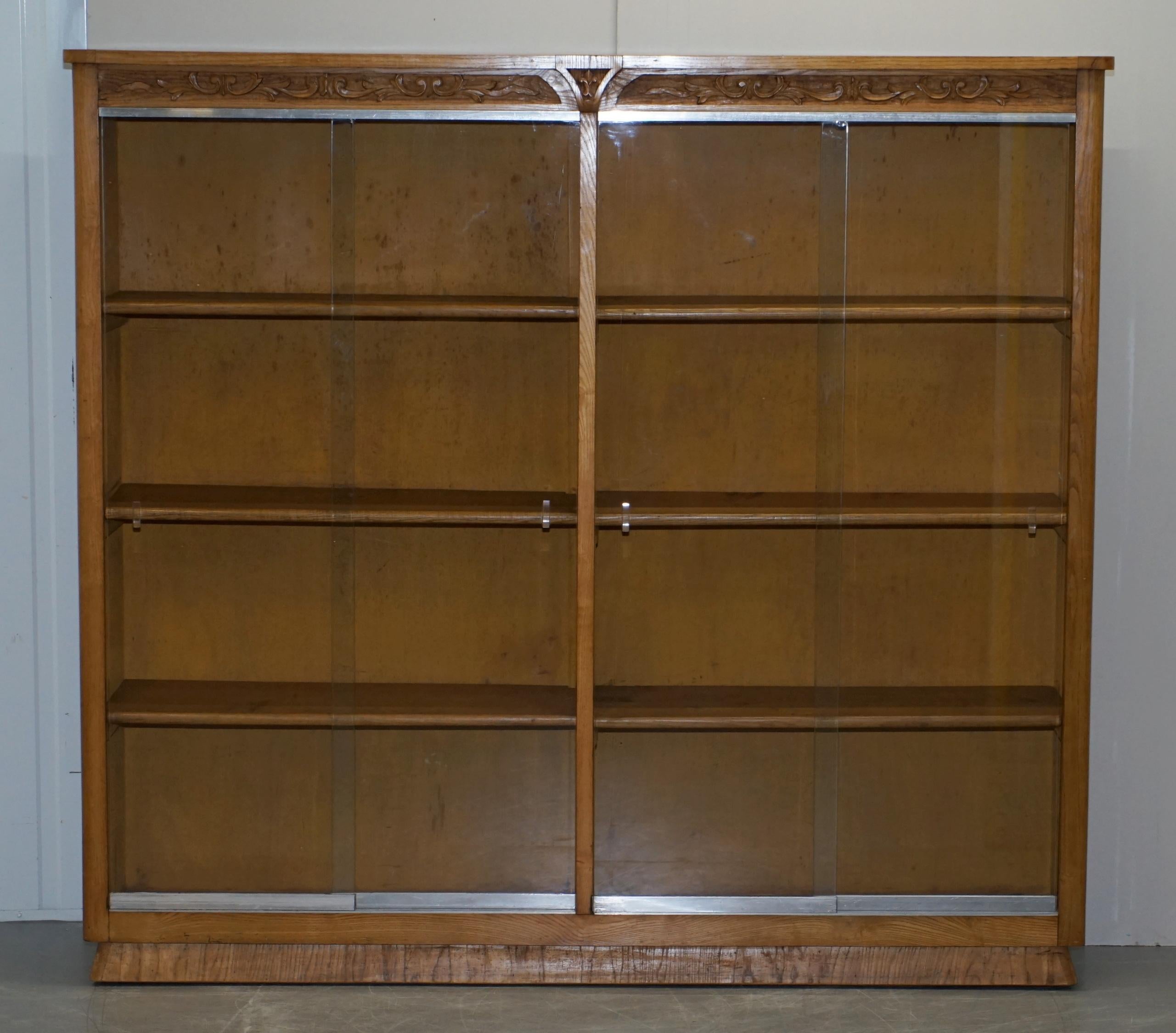 Matching Pair of English Oak Library Study Bookcases with Glazed Doors For Sale 9