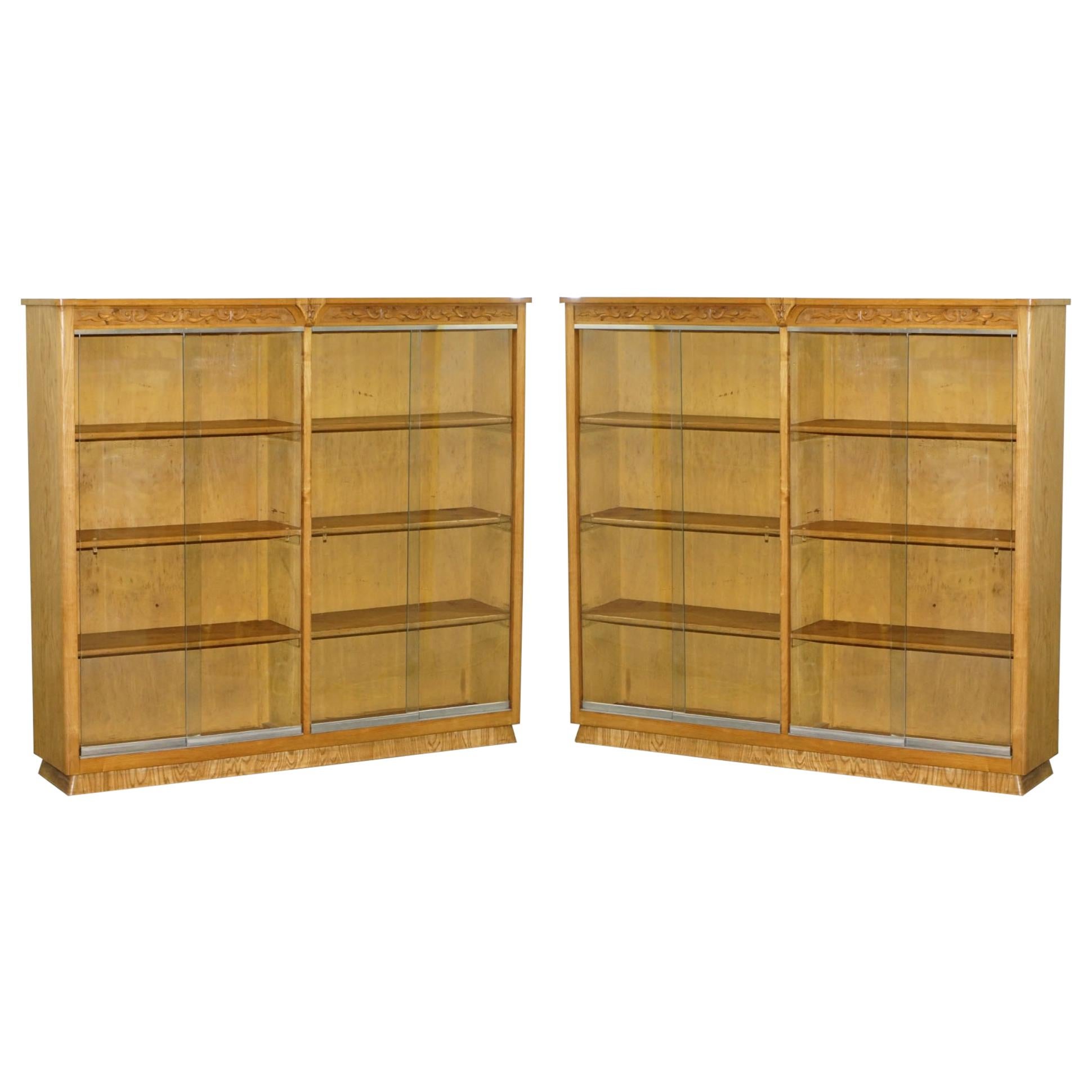 Matching Pair of English Oak Library Study Bookcases with Glazed Doors