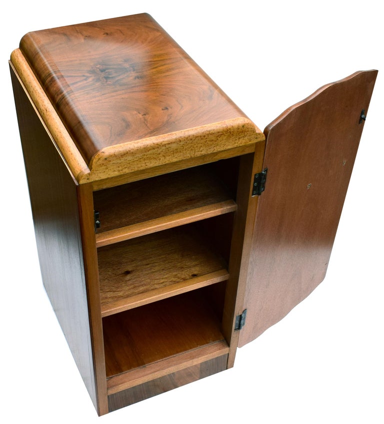 Matching Pair of 1930s Art Deco Walnut And Maple Bedside Tables For
