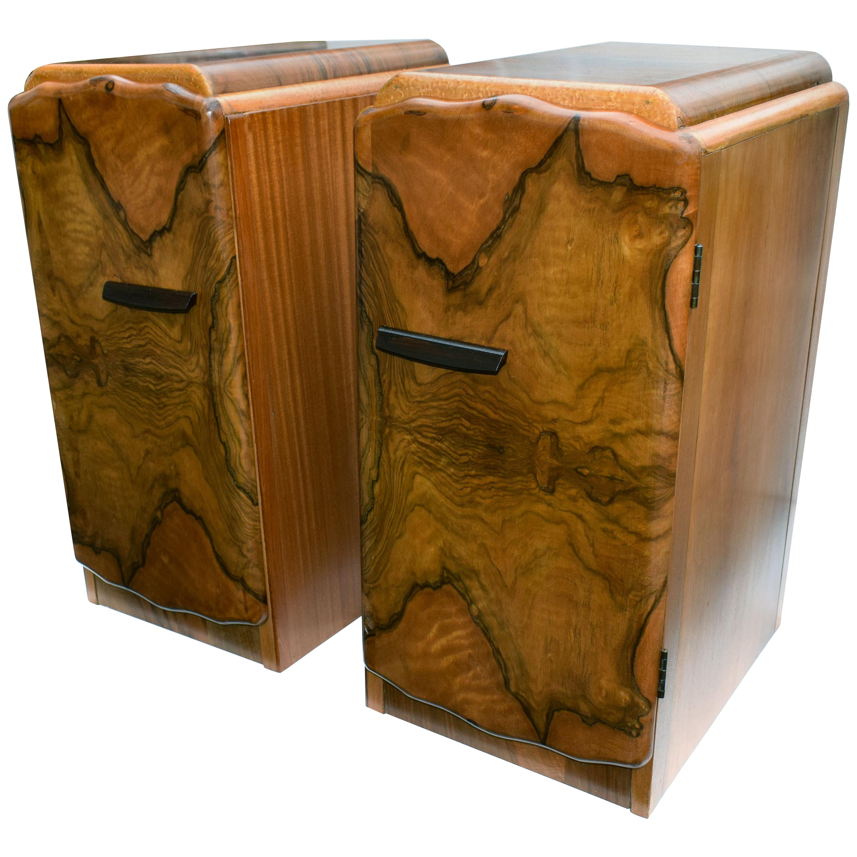 Matching Pair of 1930s Art Deco Walnut And Maple Bedside Tables