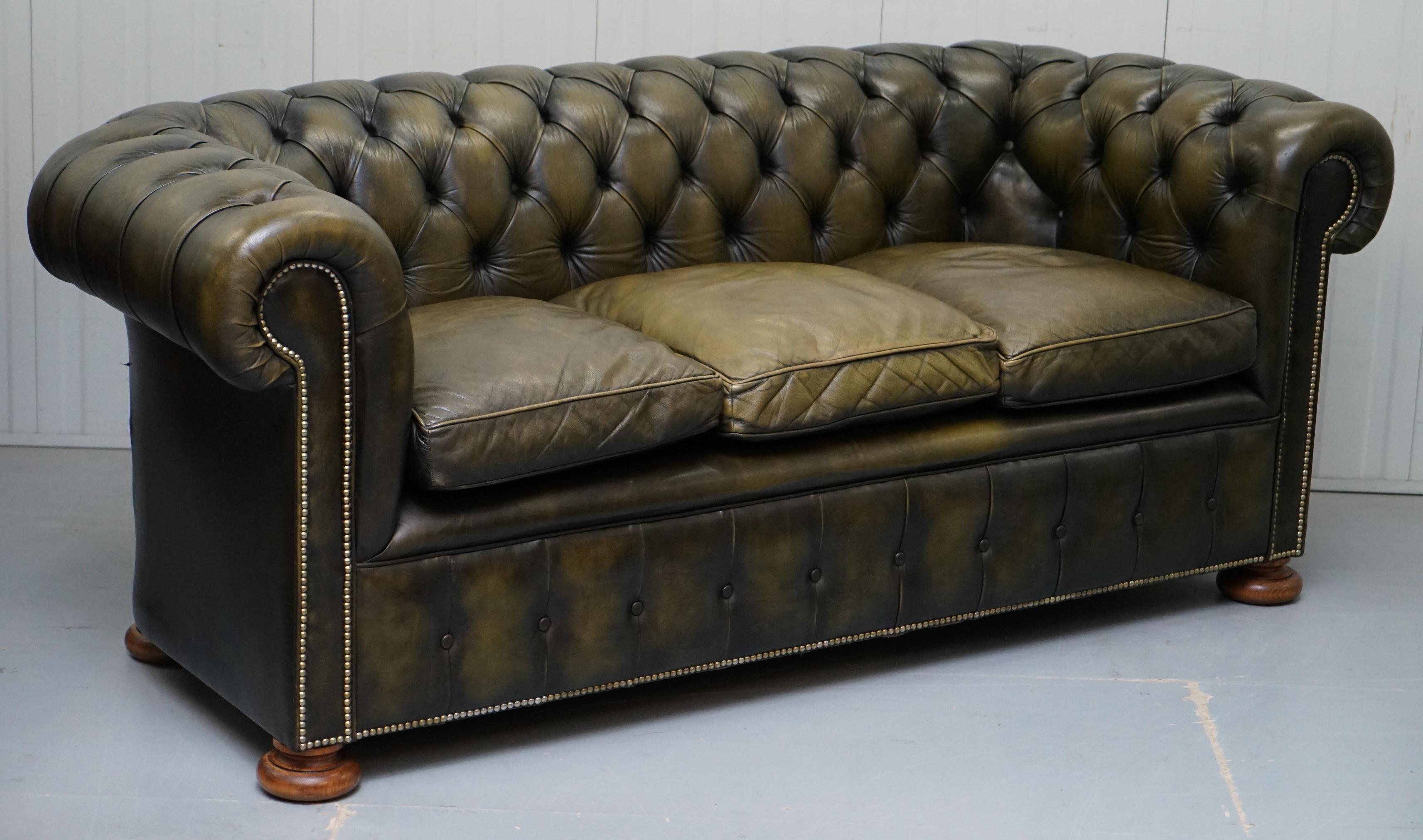 Matching Pair of 1950s Chesterfield Leather Sofas Feather Cushions Coil Sprung 4