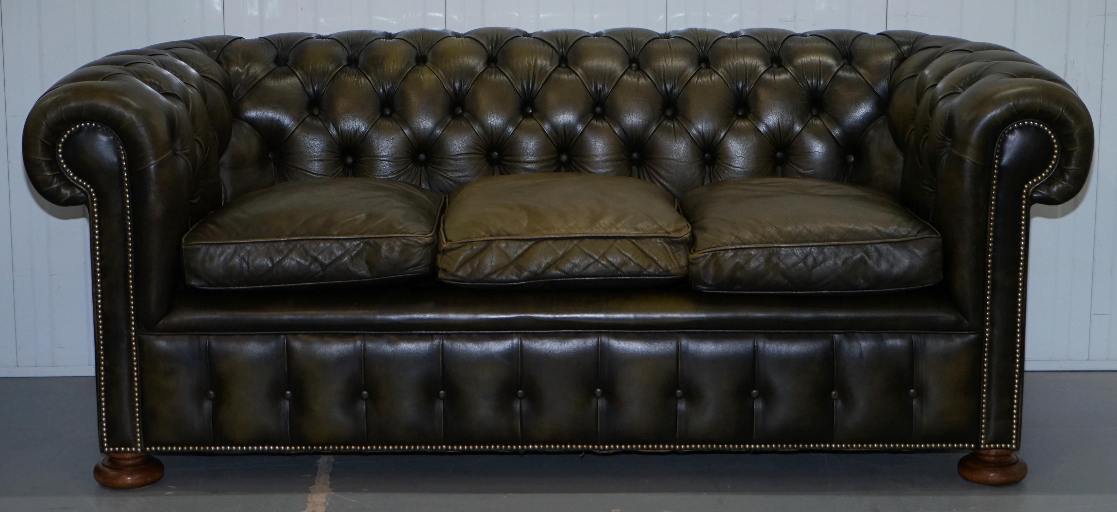 Matching Pair of 1950s Chesterfield Leather Sofas Feather Cushions Coil Sprung 5