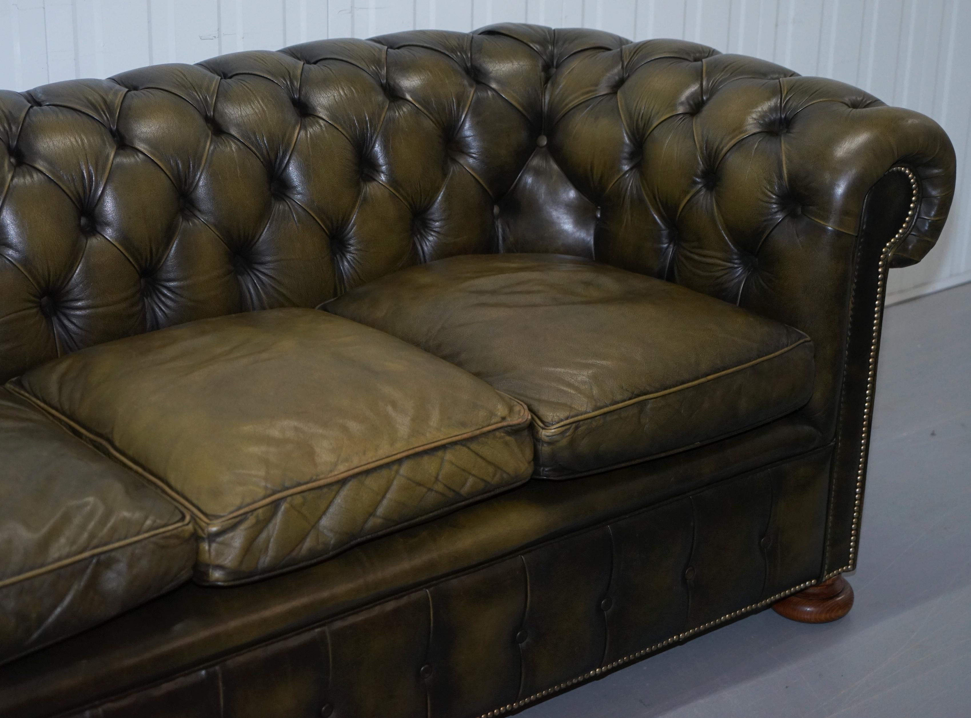 Matching Pair of 1950s Chesterfield Leather Sofas Feather Cushions Coil Sprung 6