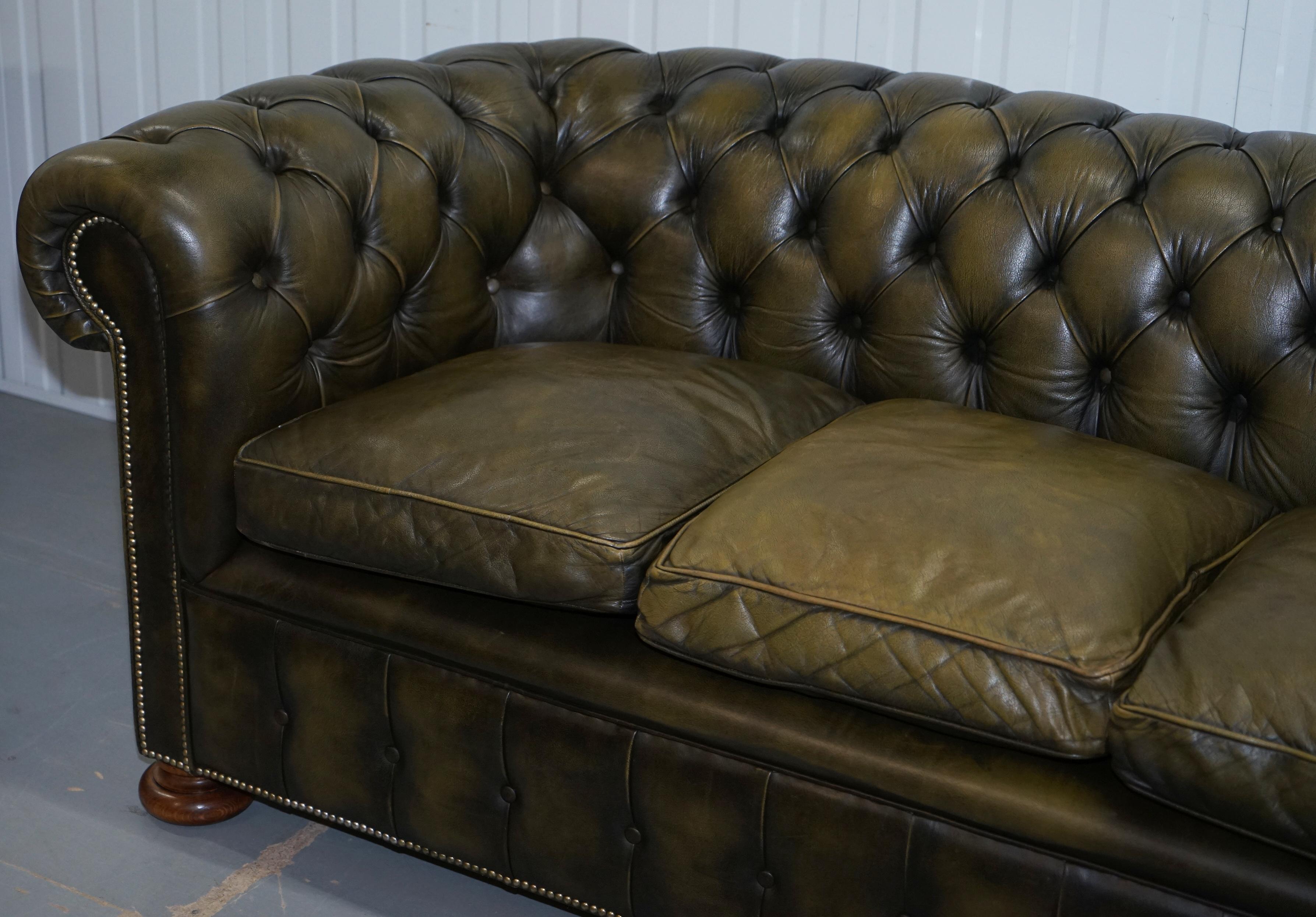 Matching Pair of 1950s Chesterfield Leather Sofas Feather Cushions Coil Sprung 7