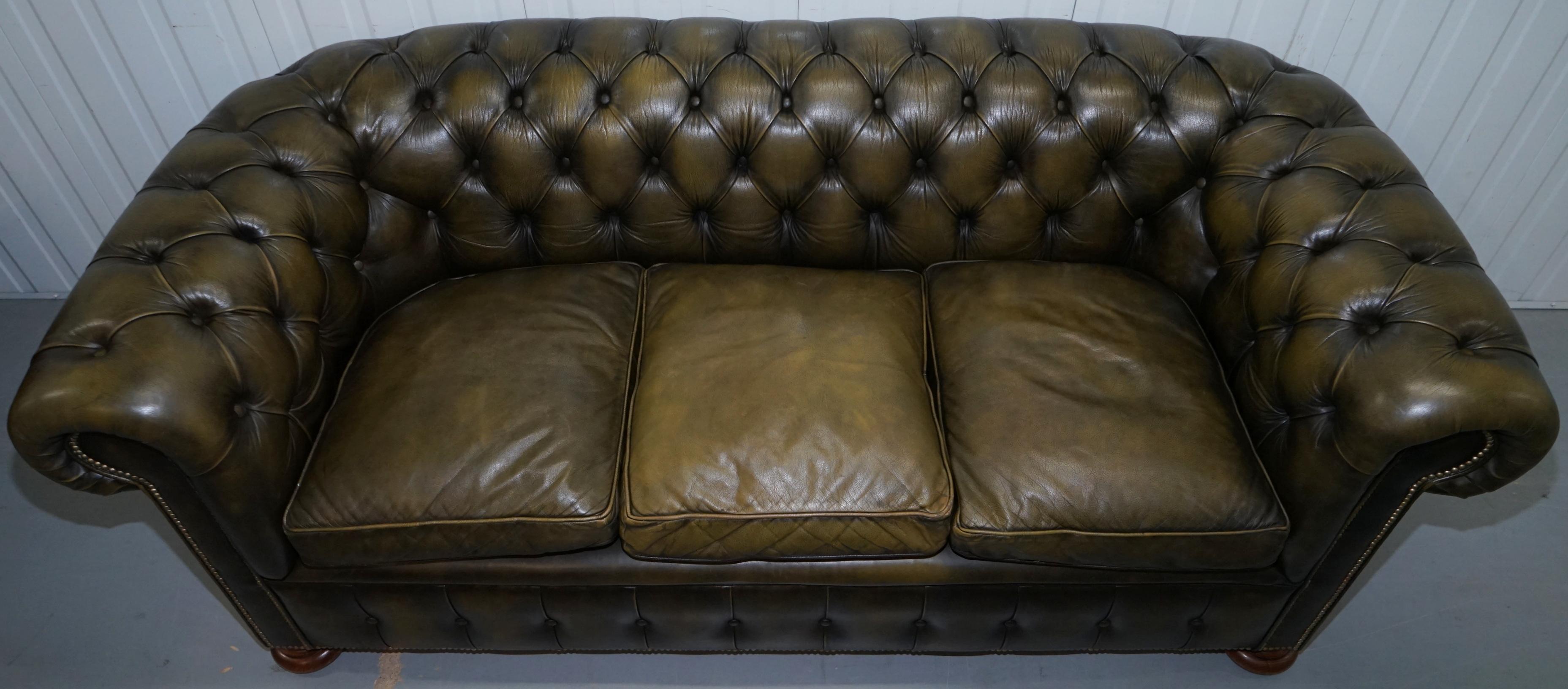 Matching Pair of 1950s Chesterfield Leather Sofas Feather Cushions Coil Sprung 8