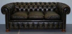 Matching Pair of 1950s Chesterfield Leather Sofas Feather Cushions Coil Sprung