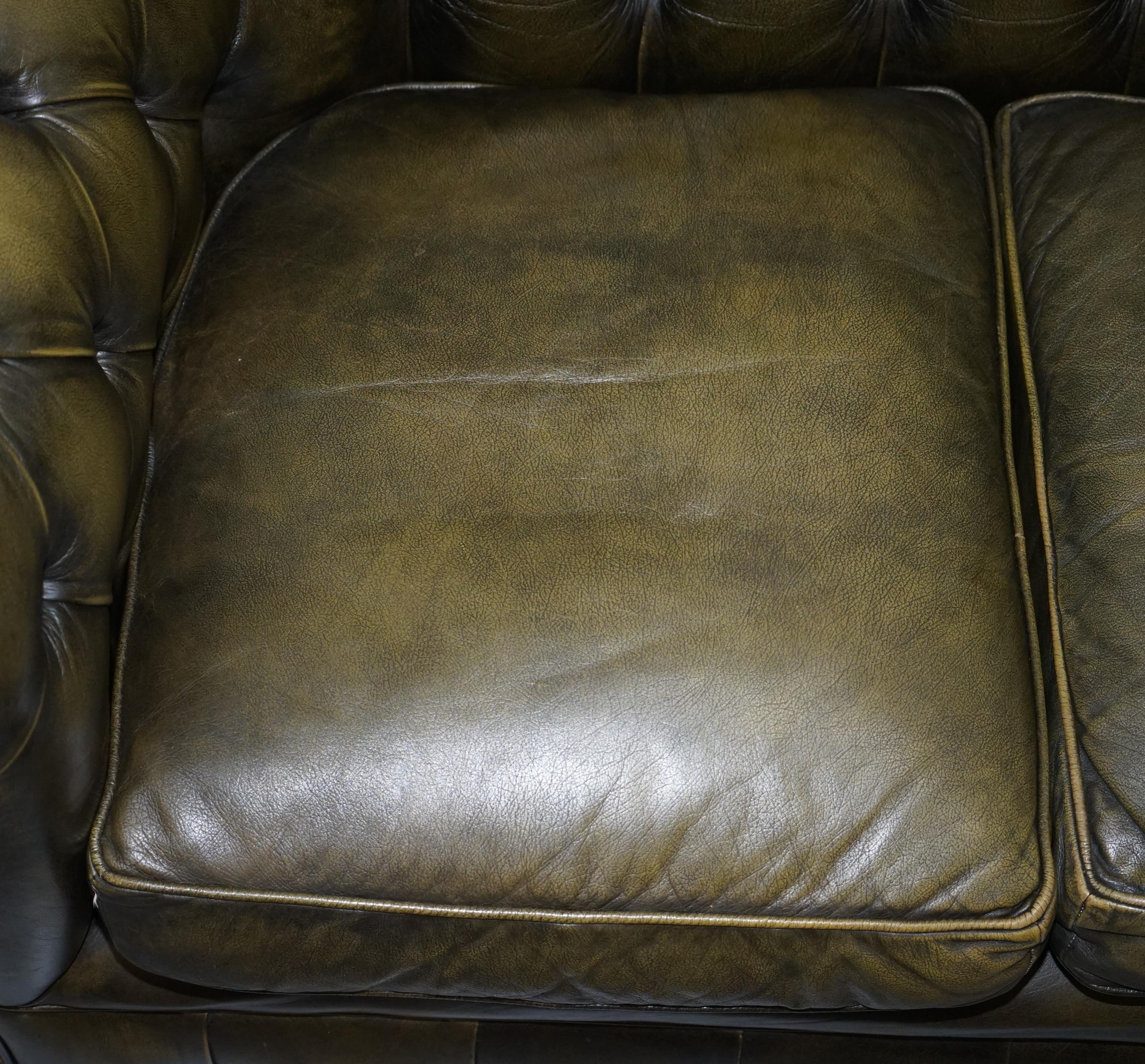 Hand-Carved Matching Pair of 1950s Chesterfield Leather Sofas Feather Cushions Coil Sprung