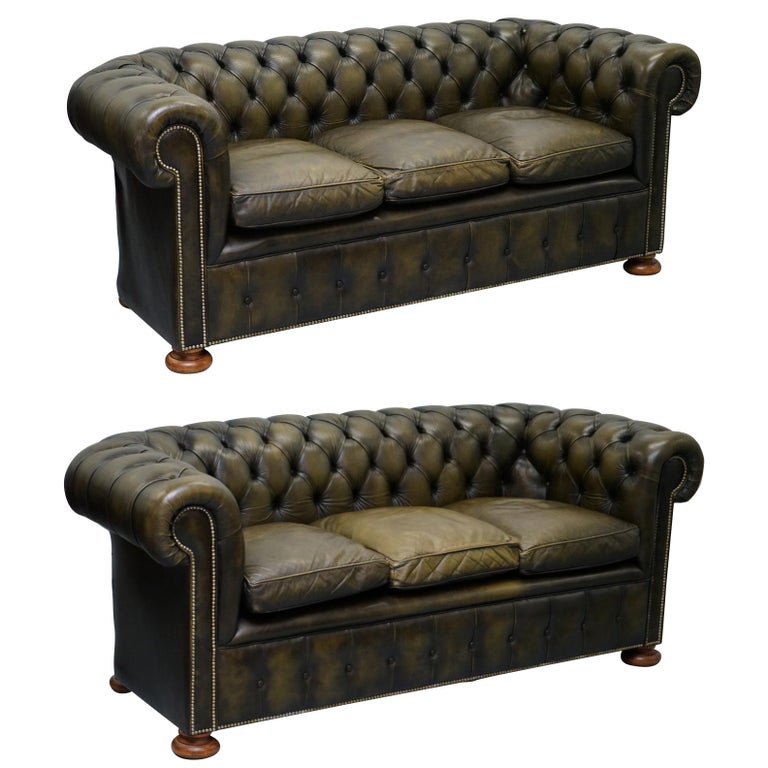 Matching Pair of 1950s Chesterfield Leather Sofas Feather Cushions Coil Sprung at 1stDibs