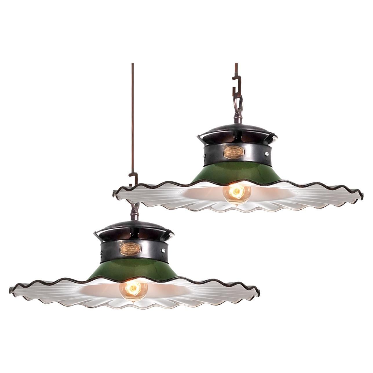 Matching Pair of 20 Inch Radial Wave Porcelain Pendents For Sale