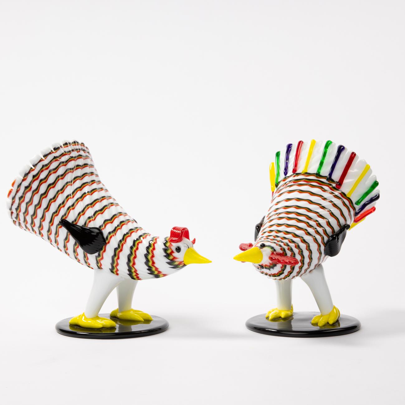 Blown Glass Matching Pair of a Rooster and Hen by Fulvio Bianconi, Venini, Italy