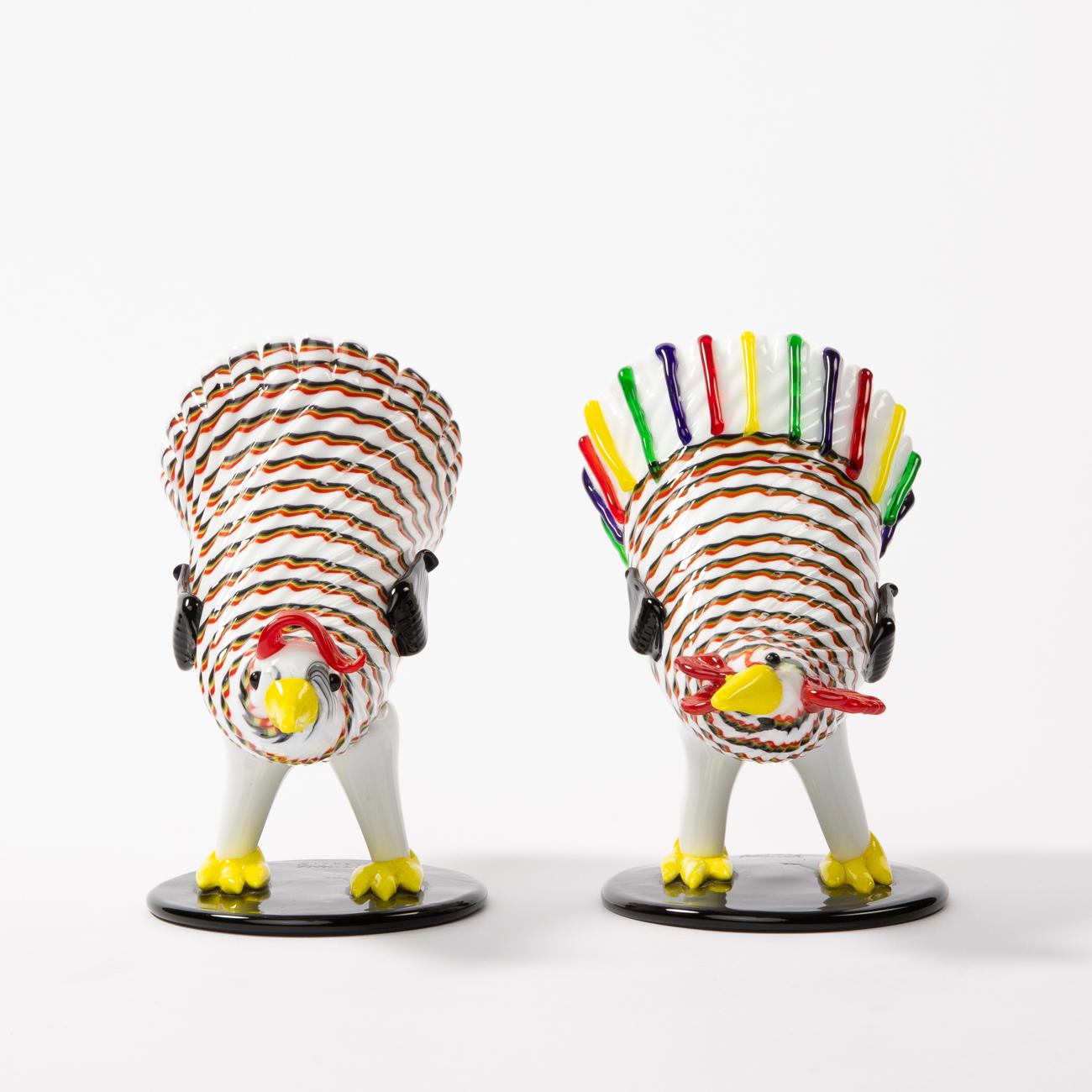 Matching Pair of a Rooster and Hen by Fulvio Bianconi, Venini, Italy 1