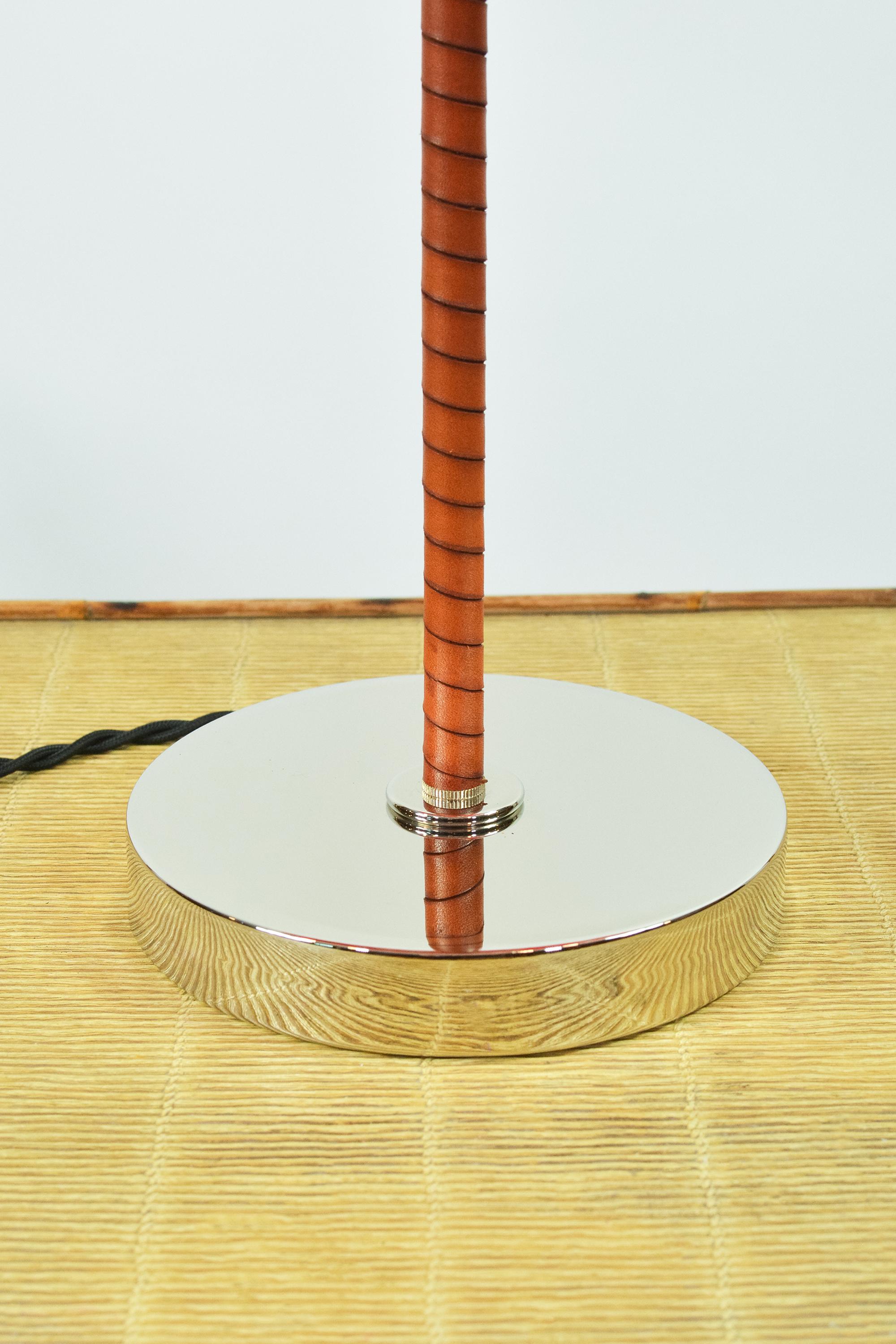 Matching Pair of Aloha Modern Leather Lamps with Vintage Japanese Parasol Shades For Sale 4