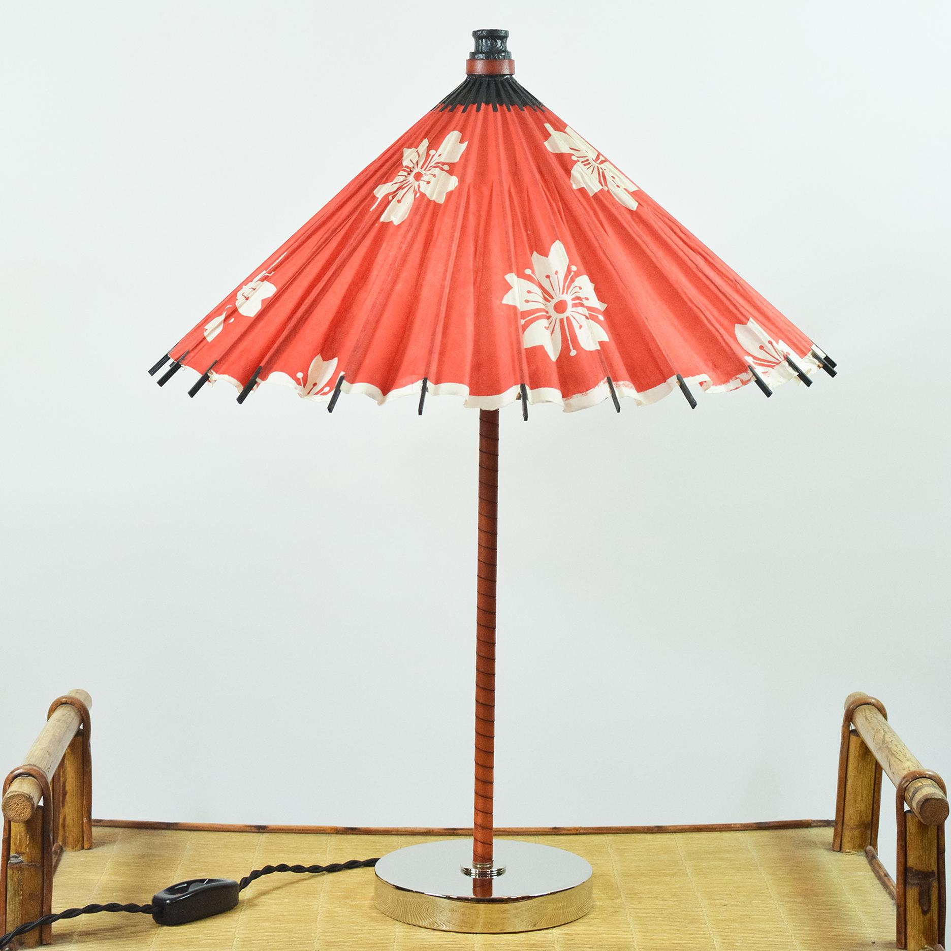 Hand-Crafted Matching Pair of Aloha Modern Leather Lamps with Vintage Japanese Parasol Shades For Sale