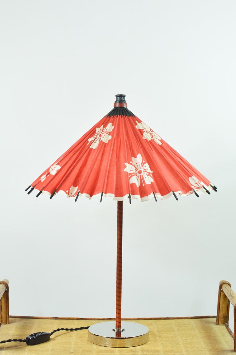 Matching Pair of Aloha Modern Leather Lamps with Vintage Japanese Parasol  Shades For Sale at 1stDibs, image size:768x1152