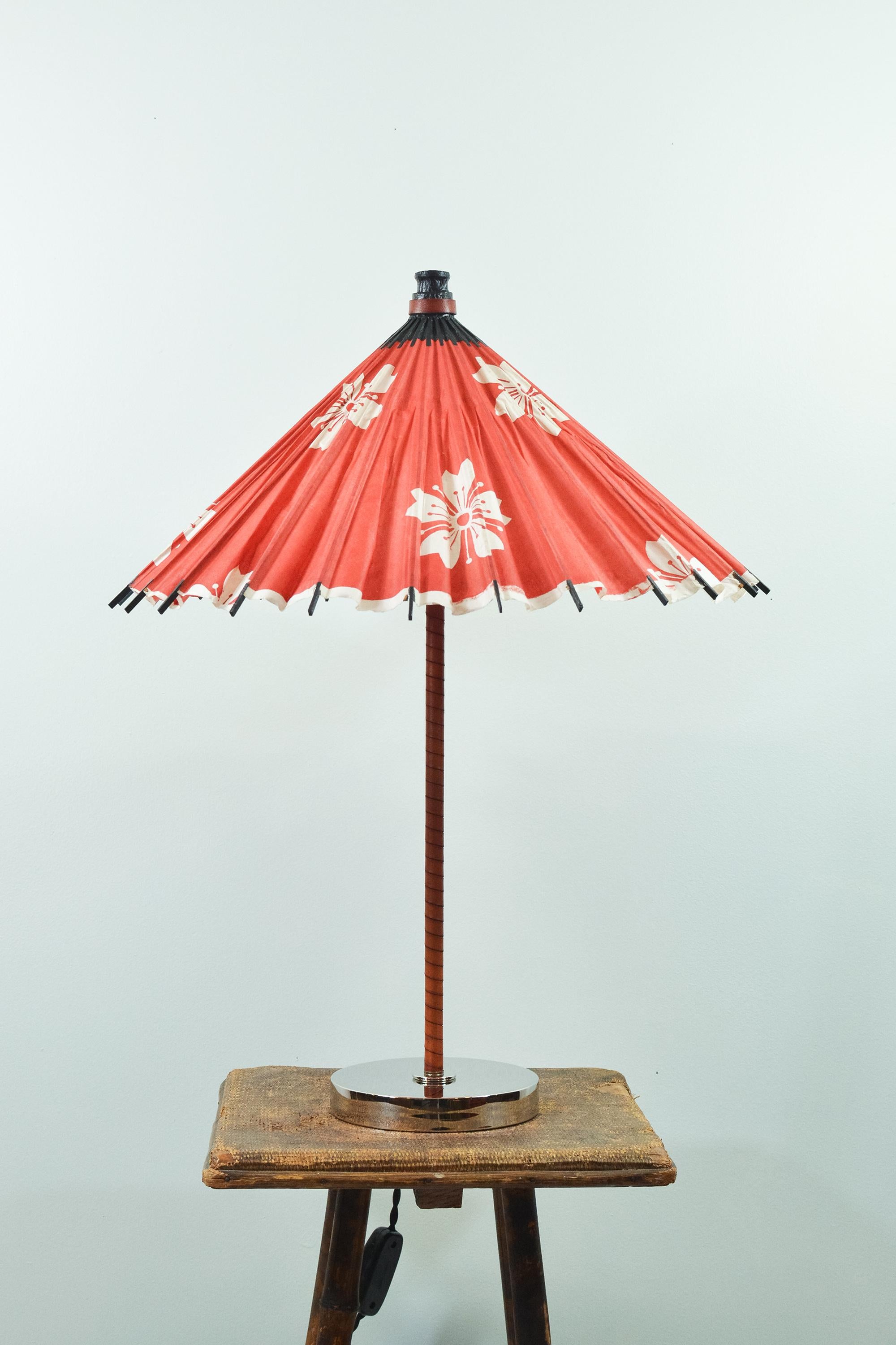 Contemporary Matching Pair of Aloha Modern Leather Lamps with Vintage Japanese Parasol Shades For Sale