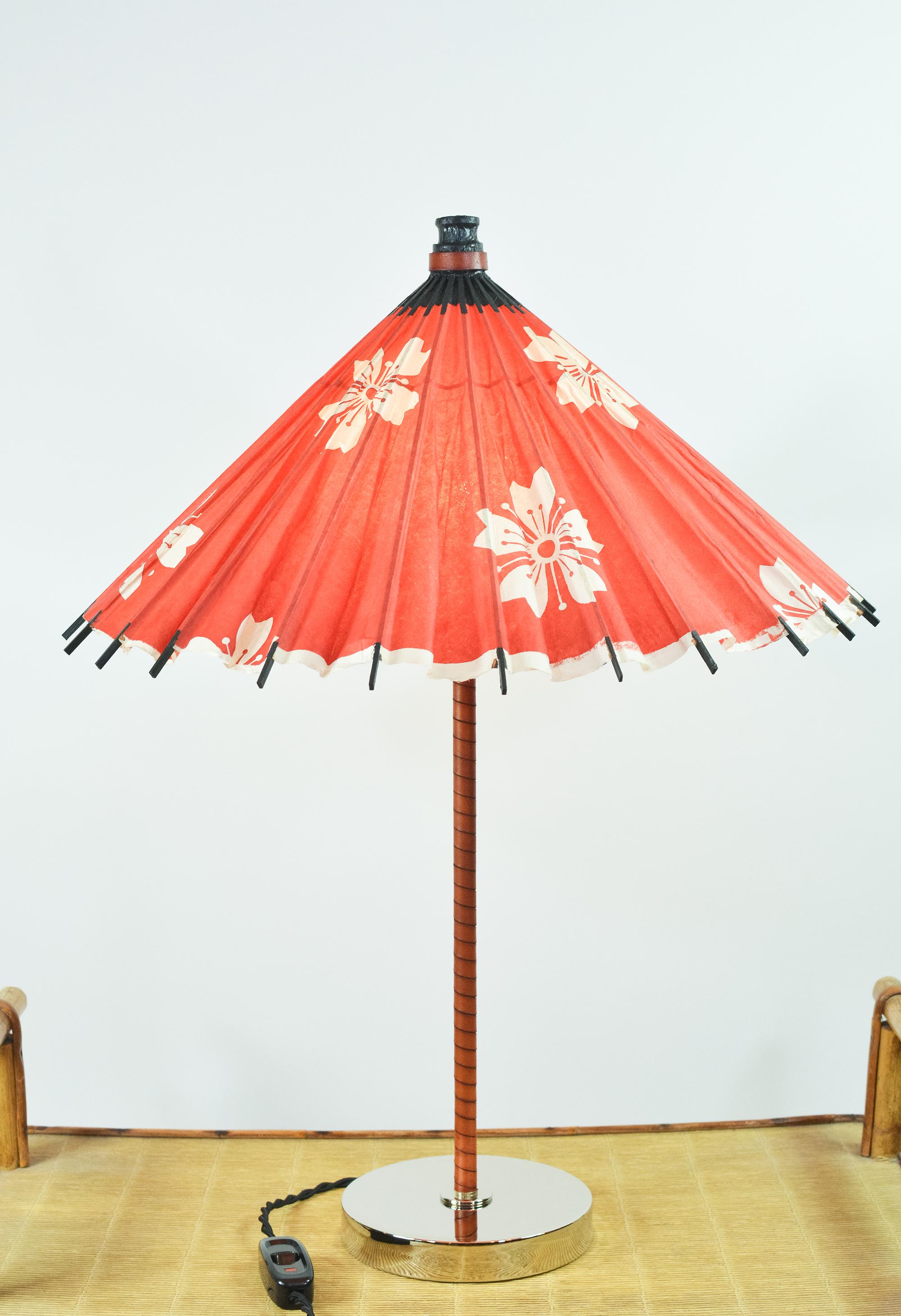 Matching Pair of Aloha Modern Leather Lamps with Vintage Japanese Parasol Shades For Sale 1