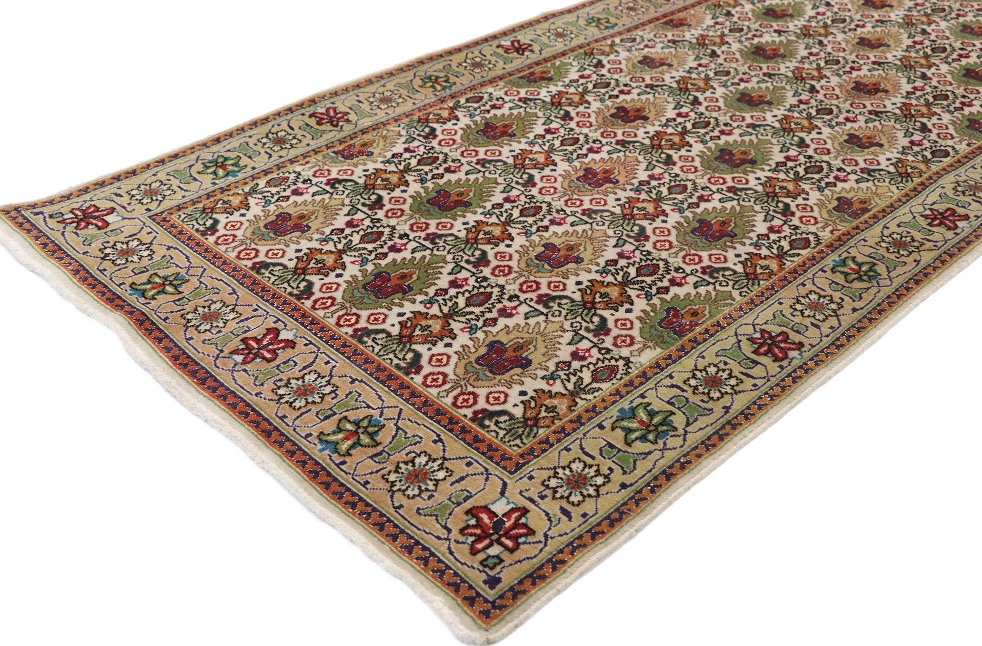 77637-77638, matching pair of antique Persian Tabriz Runners with Arts &Crafts style. Reminisce of 19th century French designs and decorative elegance, this matching pair of hand knotted wool antique Persian Tabriz runners beautifully embodies Arts