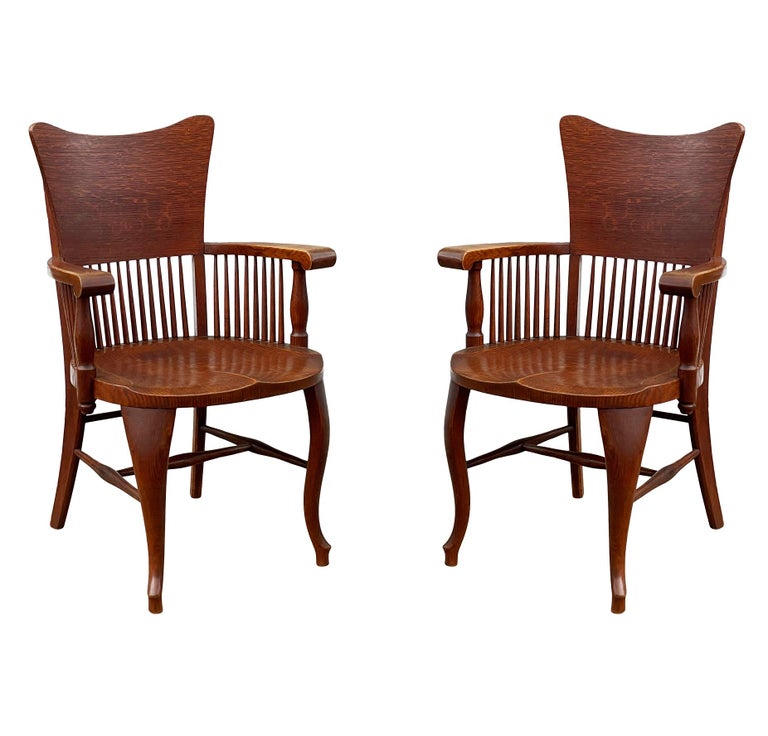 Matching Pair of Antique Quarter Sawn Oak Spindle Back Armchairs or
