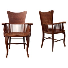 Matching Pair of Antique Quarter Sawn Oak Spindle Back Armchairs or Side Chairs