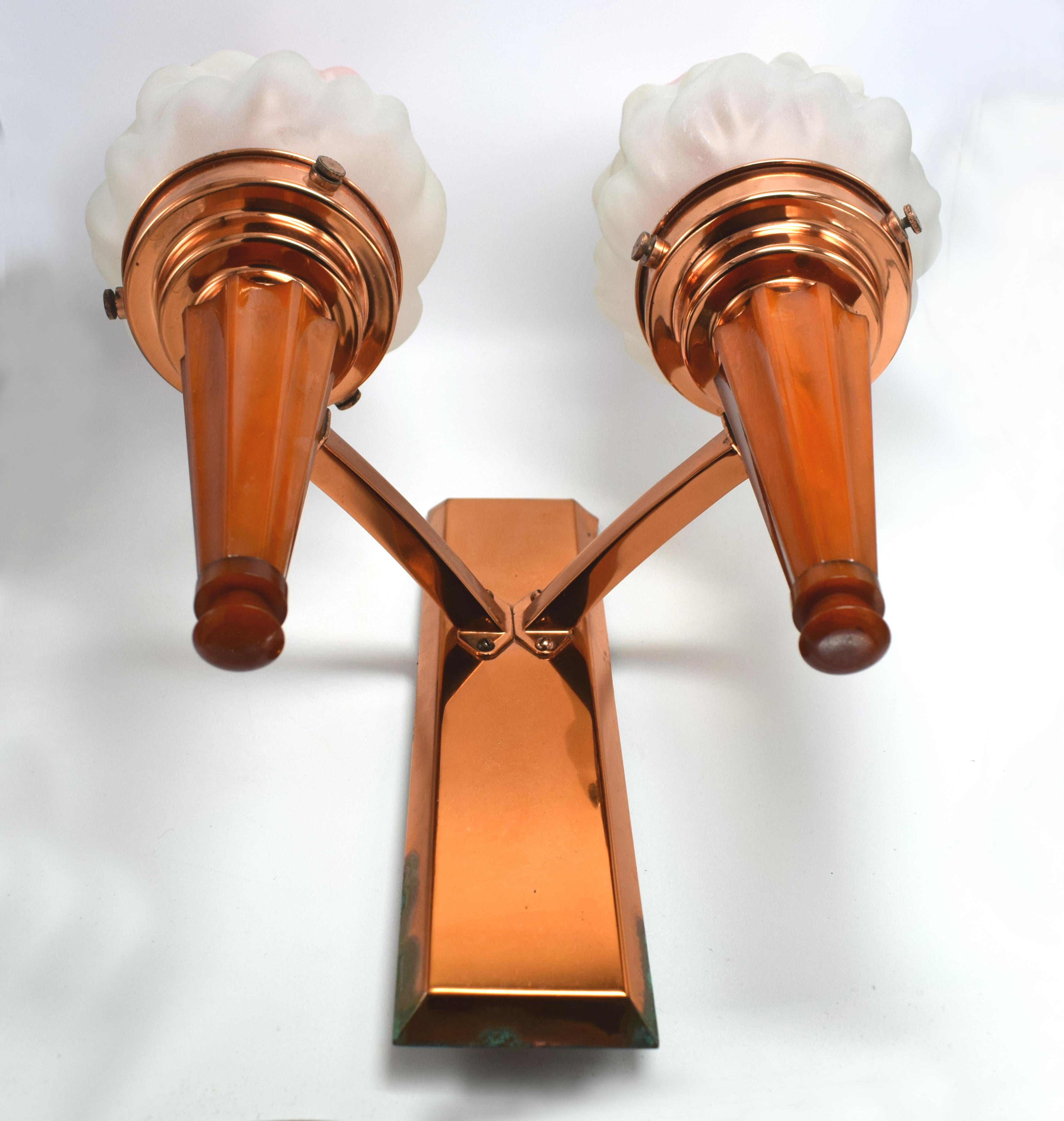 Matching Pair of Art Deco Double Flame Wall Light Sconces, circa 1930s In Good Condition For Sale In Devon, England