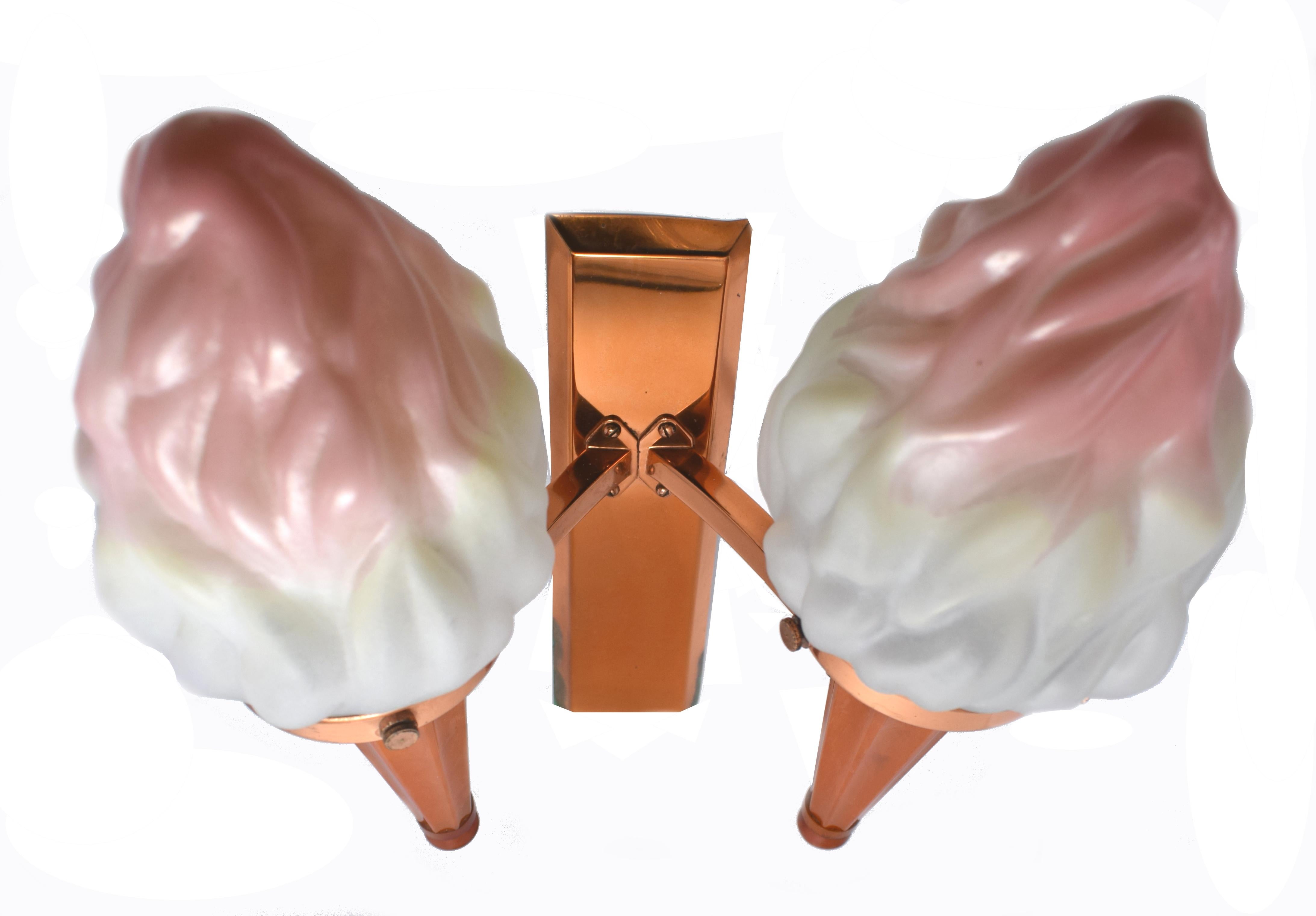 Copper Matching Pair of Art Deco Double Flame Wall Light Sconces, circa 1930s For Sale