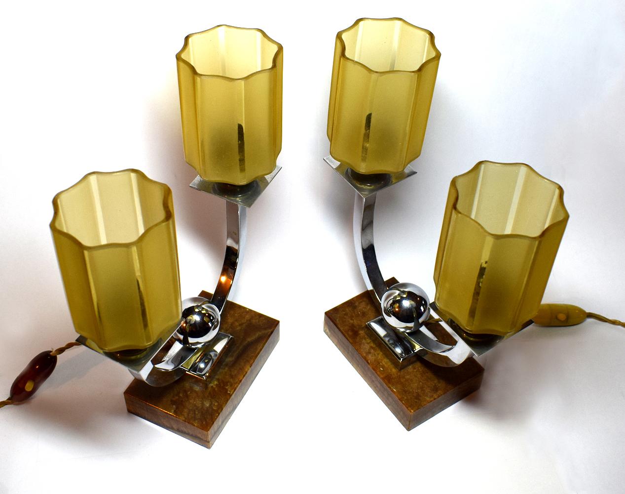 Glass Matching Pair of Art Deco French Table Lamps