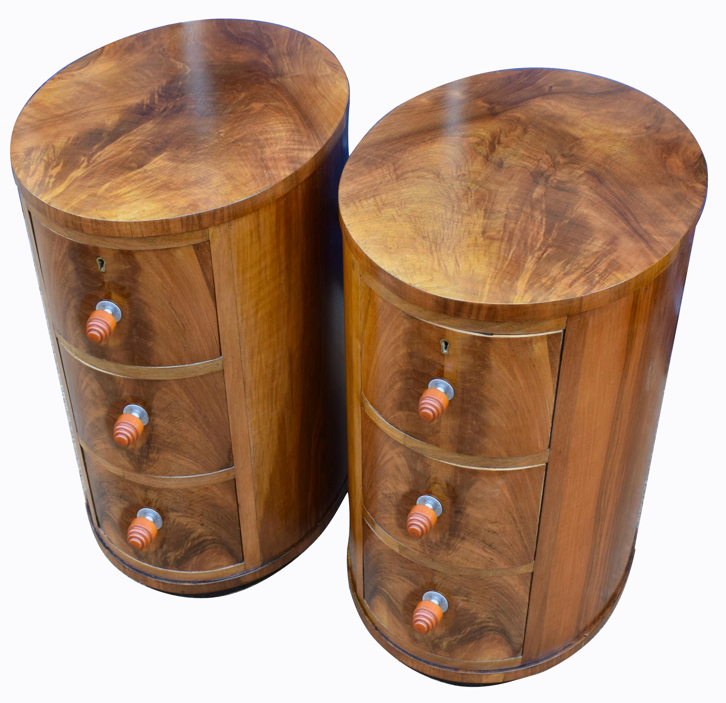 For your consideration are these fabulous matching pair of Art Deco oval bedside cabinet tables, dating to the 1930s. For those less well versed in Art Deco could be forgiven in thinking these cabinets were modern such is the styling which is as
