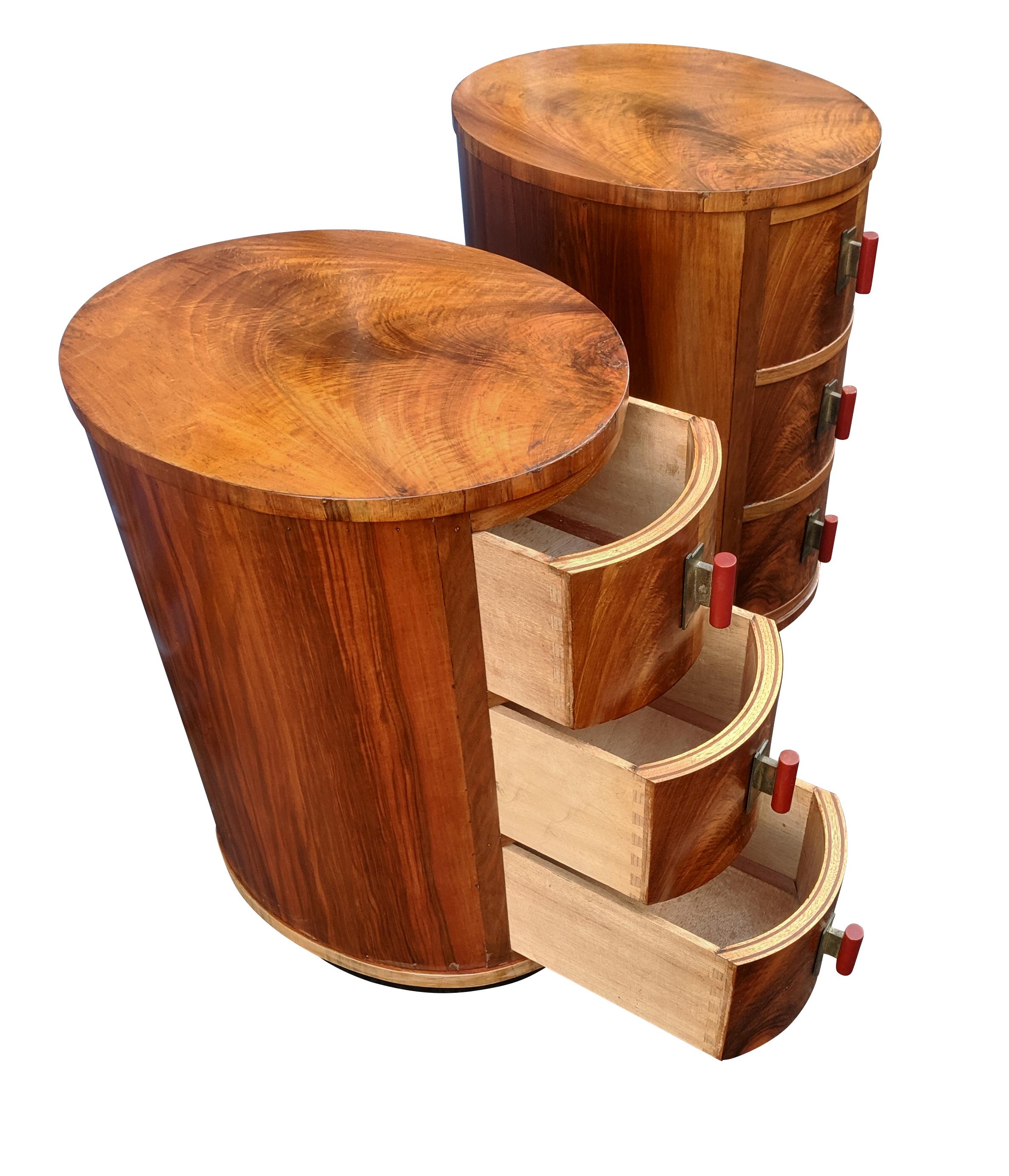 For your consideration are these fabulous matching pair of Art Deco oval bedside cabinet tables, dating to the 1930s. For those less well versed in Art Deco could be forgiven in thinking these cabinets were modern such is the styling which is as