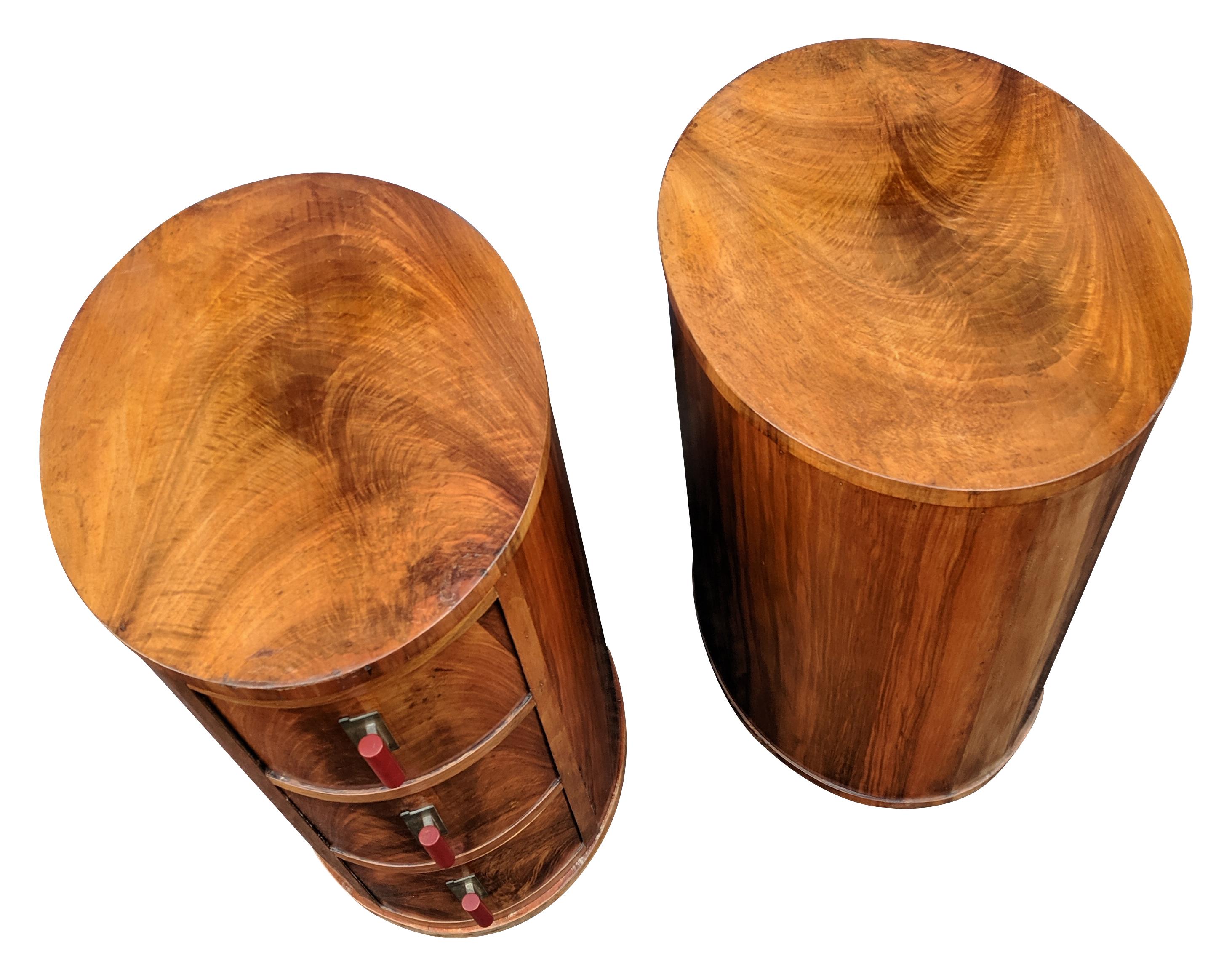 English Matching Pair of Art Deco Oval Shaped Bedside Cabinet Tables, circa 1930