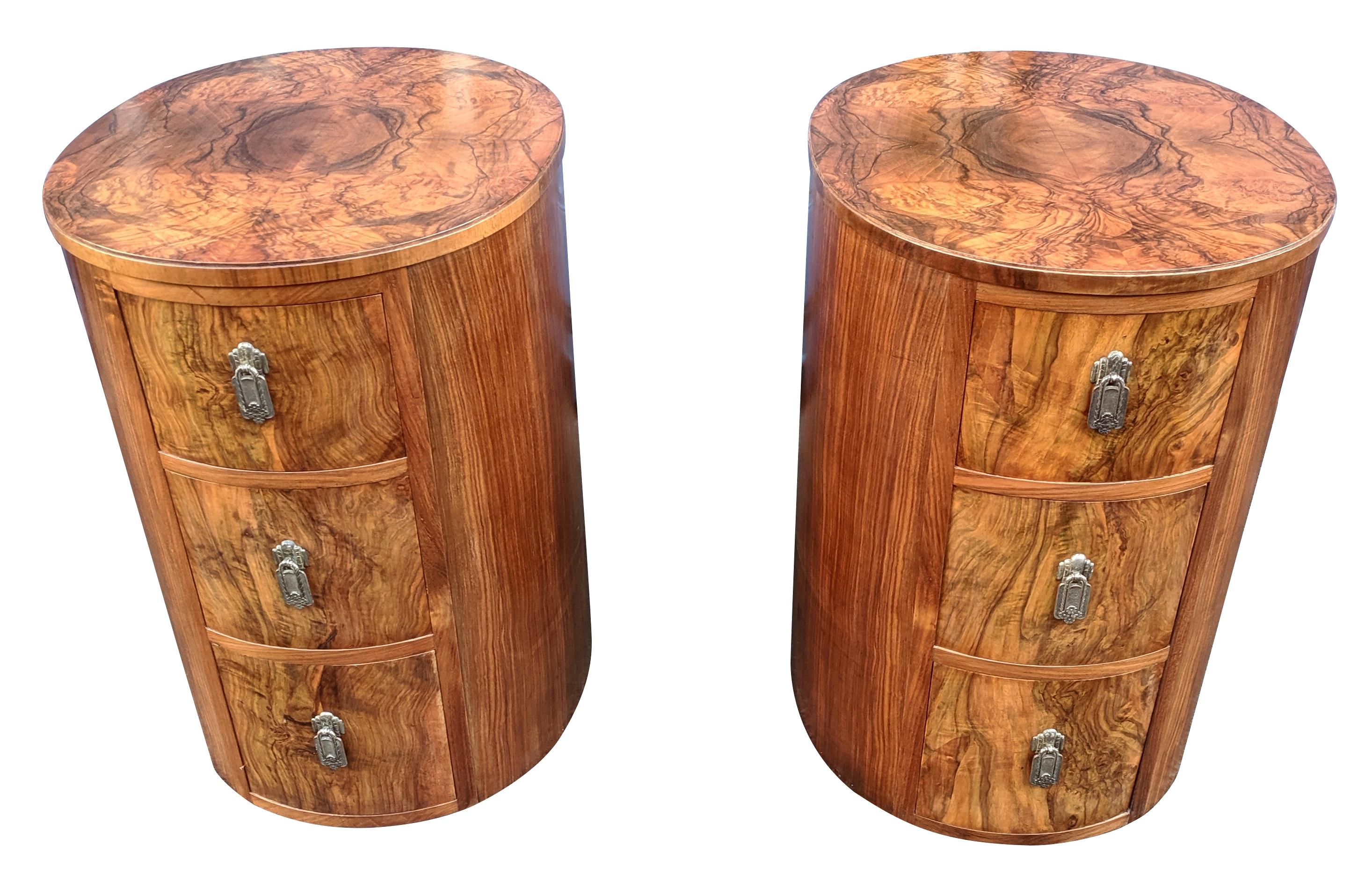 Walnut Matching Pair of Art Deco Oval Shaped Bedside Cabinet Tables, circa 1930