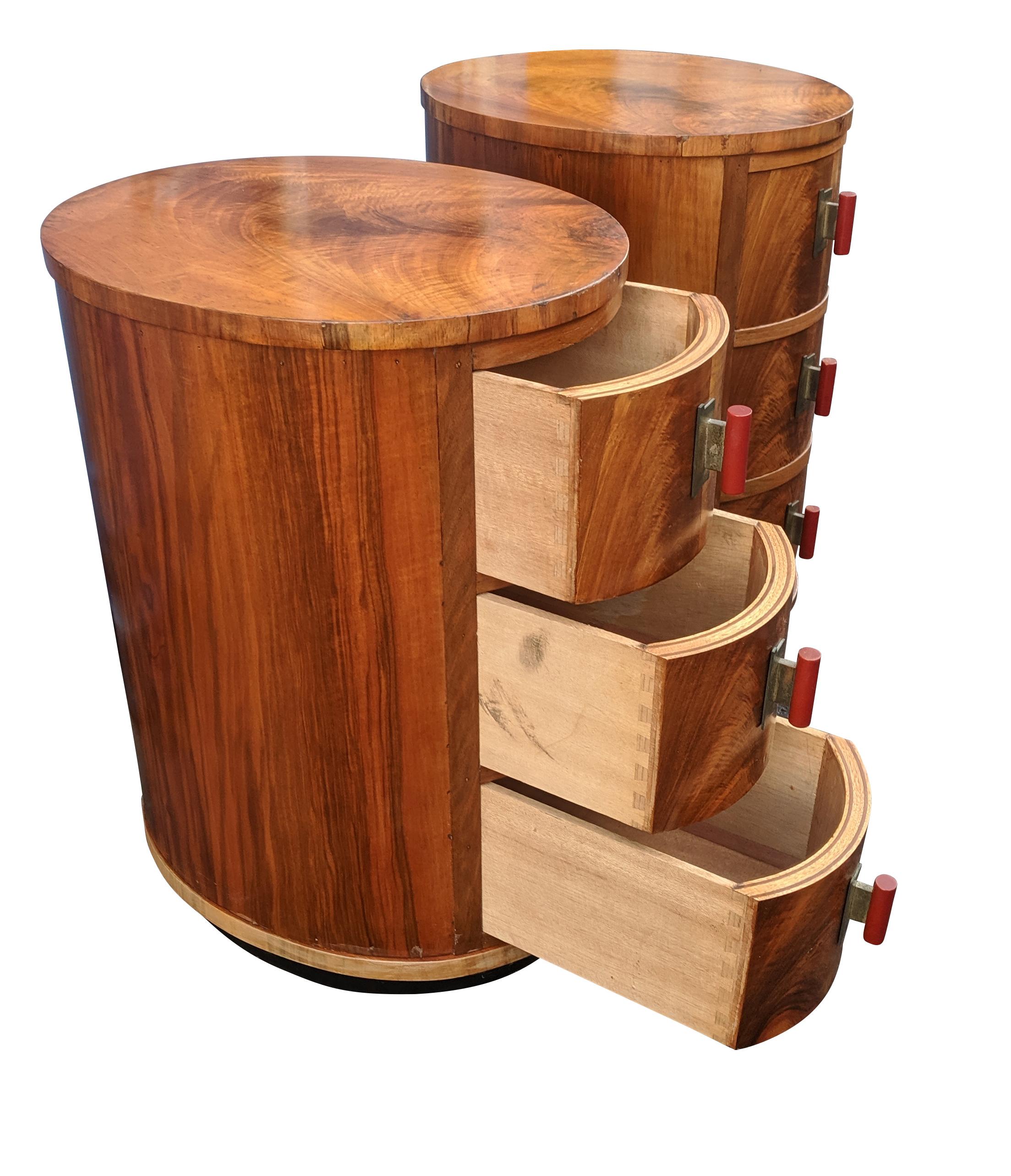 Walnut Matching Pair of Art Deco Oval Shaped Bedside Cabinet Tables, circa 1930