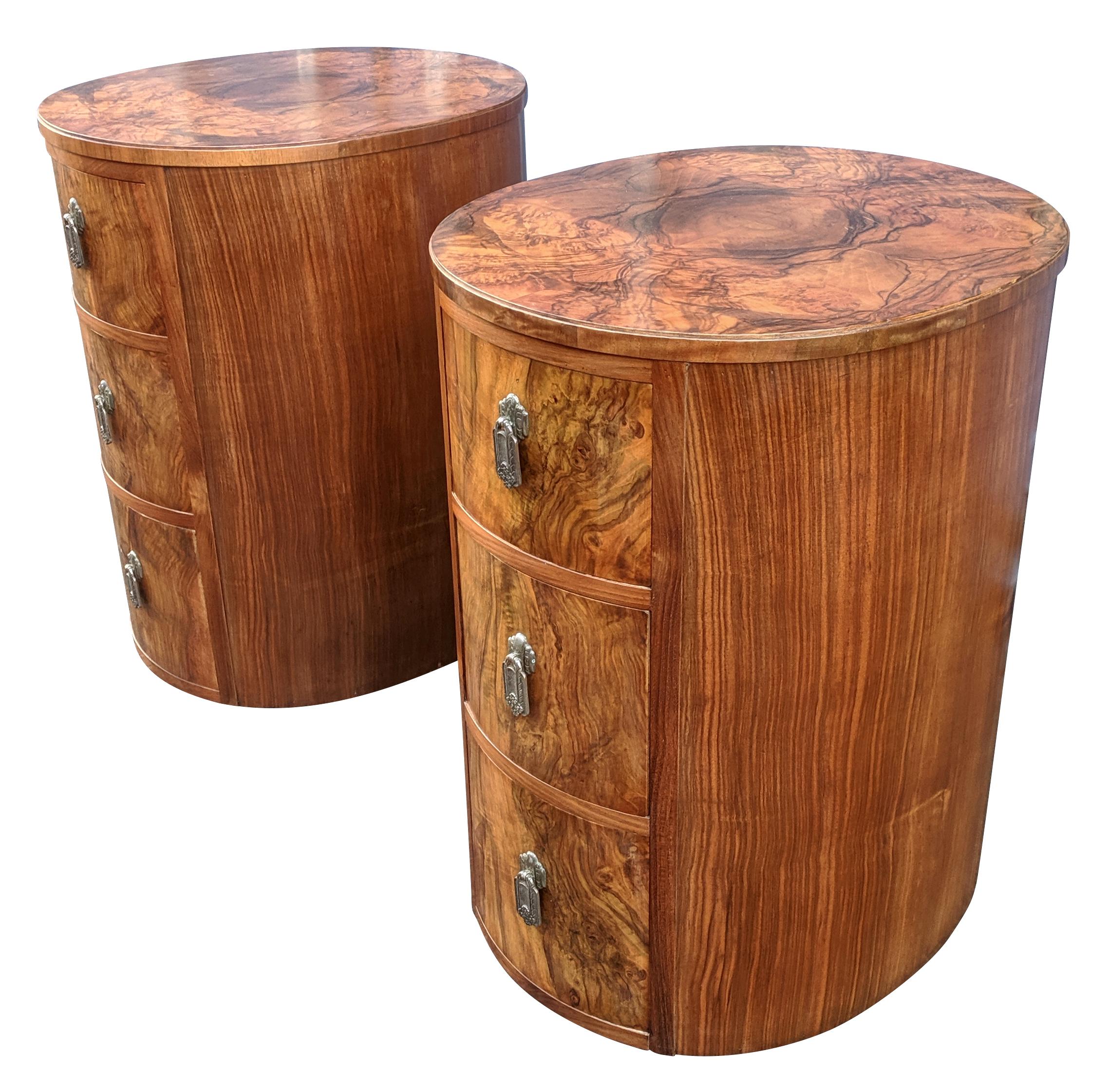 Matching Pair of Art Deco Oval Shaped Bedside Cabinet Tables, circa 1930 2