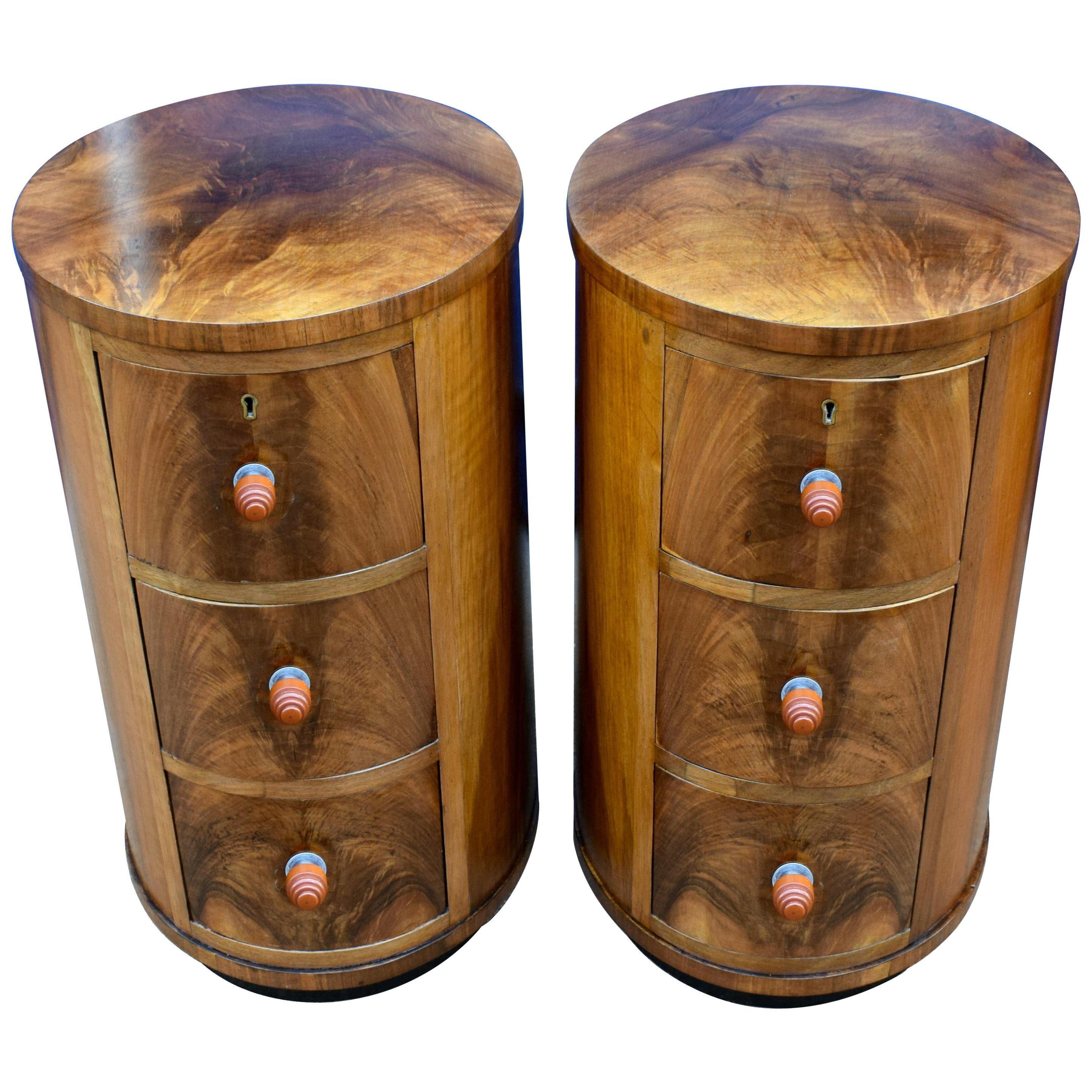 Matching Pair of Art Deco Oval Shaped Bedside Cabinet Tables, circa 1930