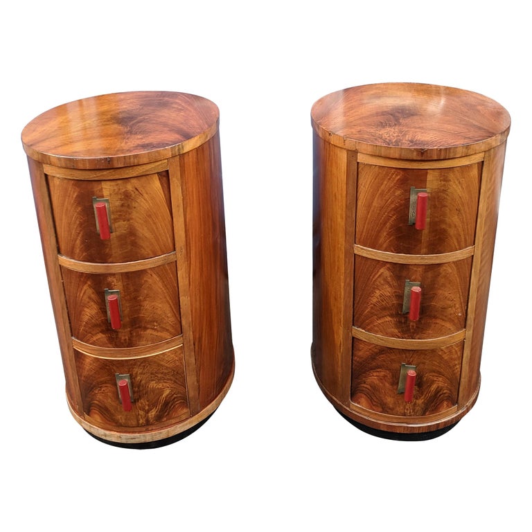 Matching Pair of Art Deco Oval Shaped Bedside Tables, circa