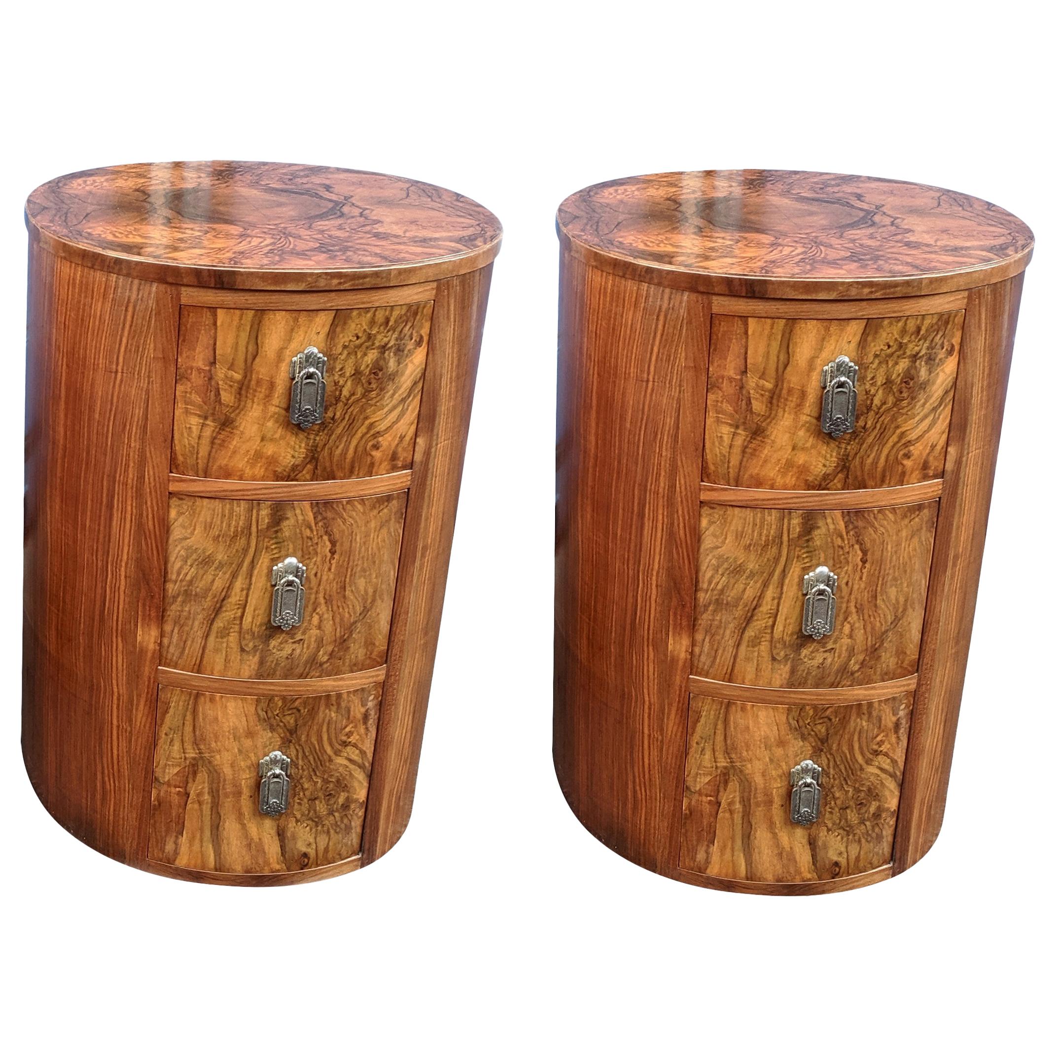 Matching Pair of Art Deco Oval Shaped Bedside Cabinet Tables, circa 1930