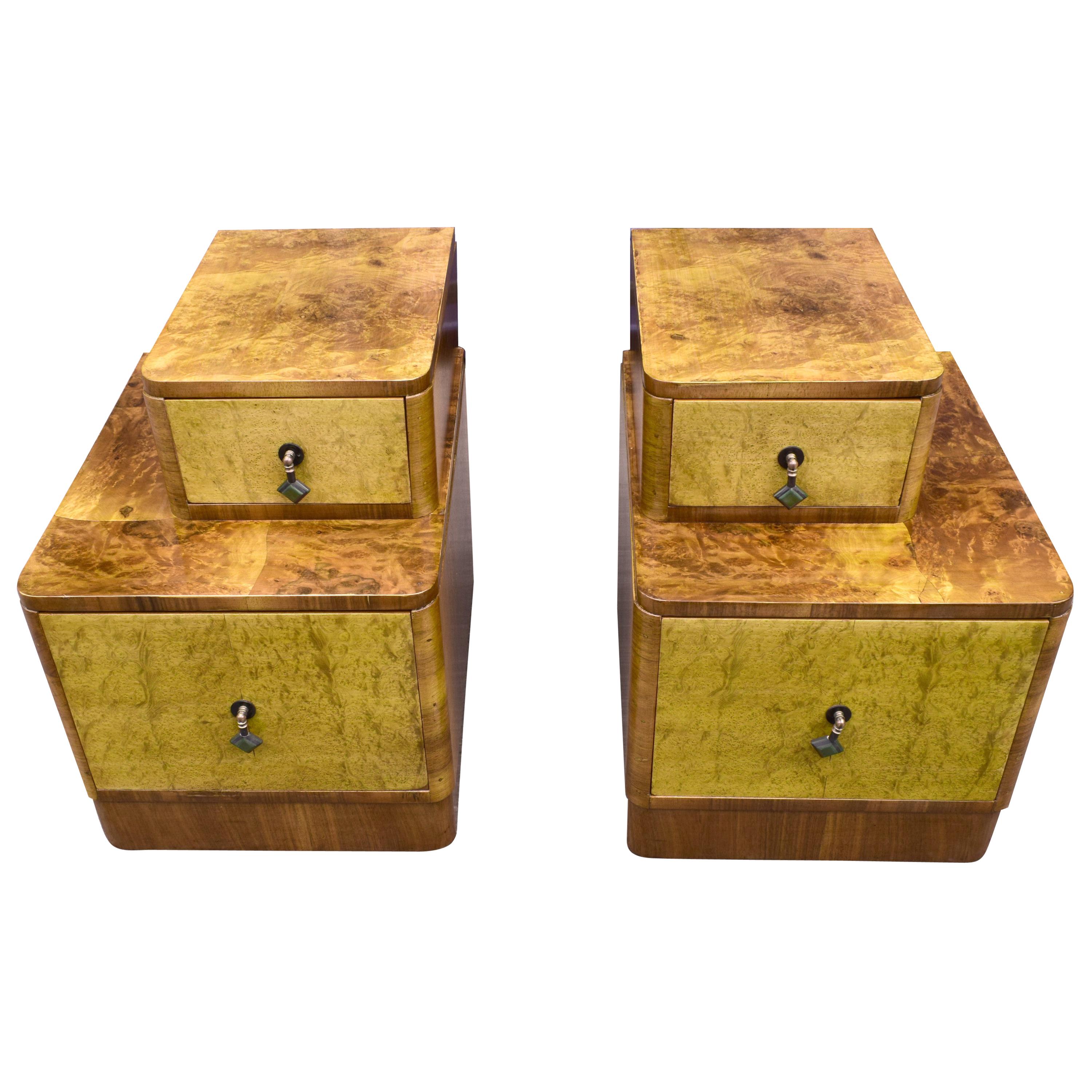 Matching Pair of Art Deco Stepped Bedside Nightstands, circa 1930s, England