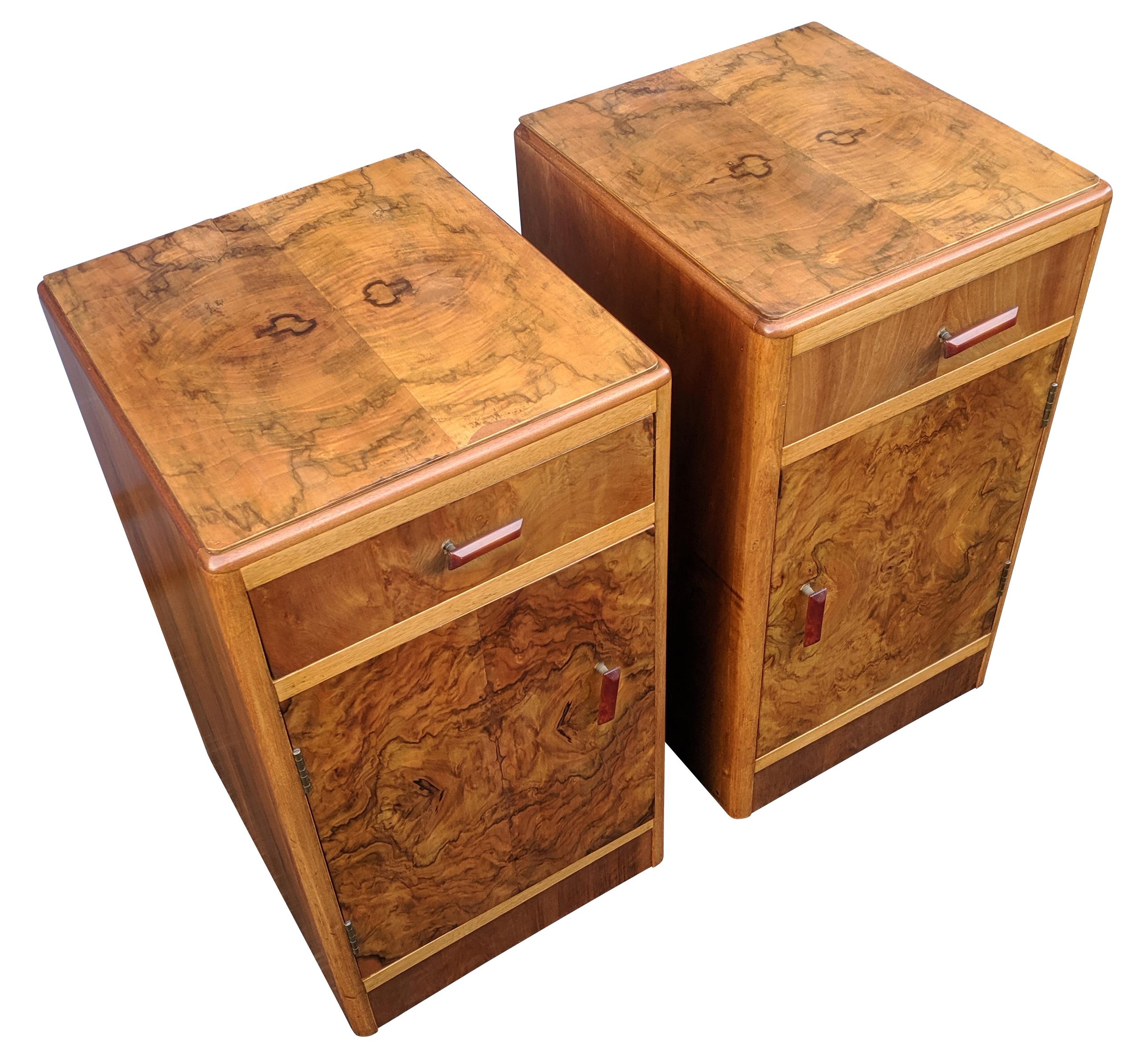 Matching Pair of Art Deco Walnut Bedside Cabinets, circa 1930 In Good Condition In Devon, England