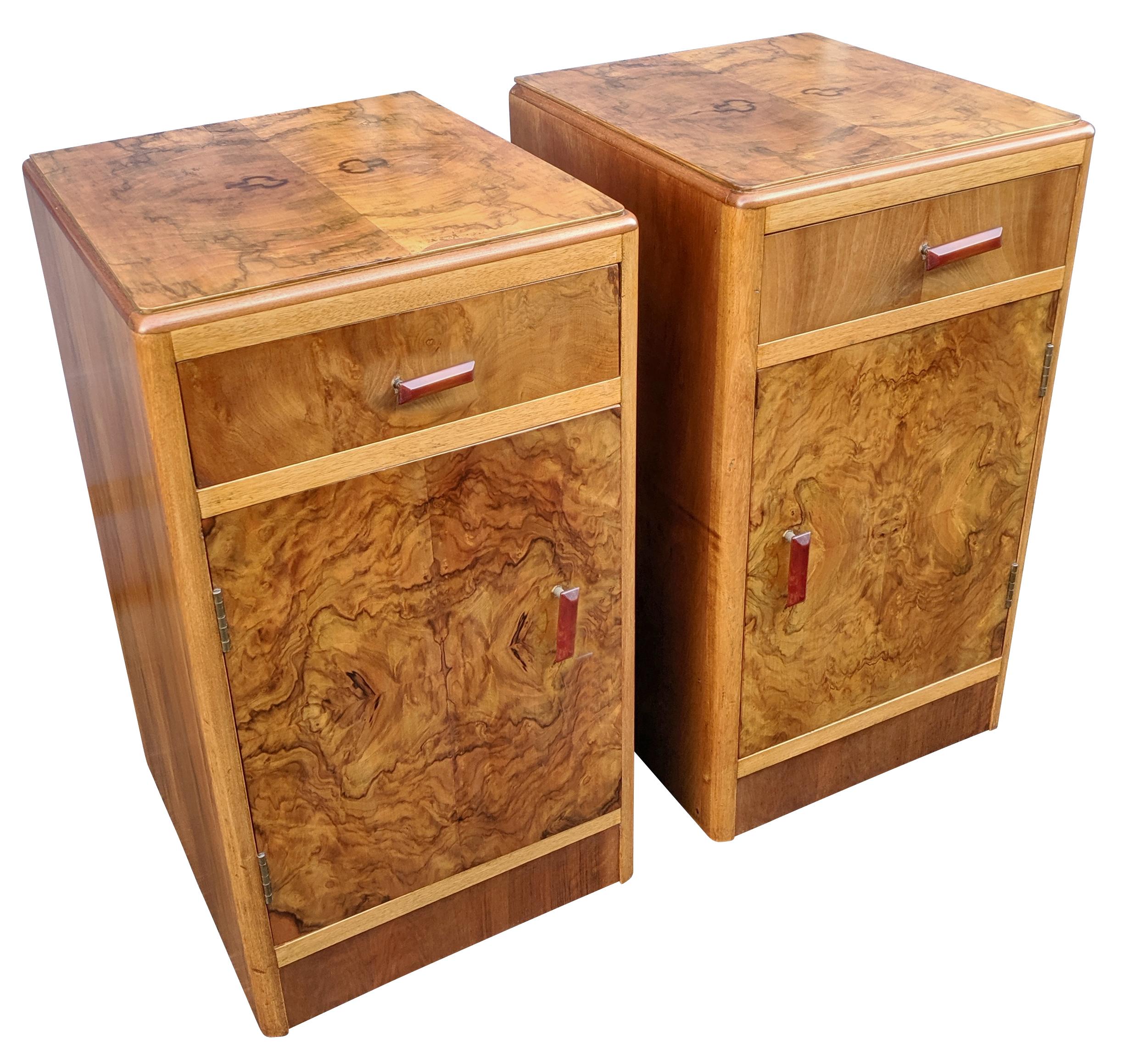 20th Century Matching Pair of Art Deco Walnut Bedside Cabinets, circa 1930