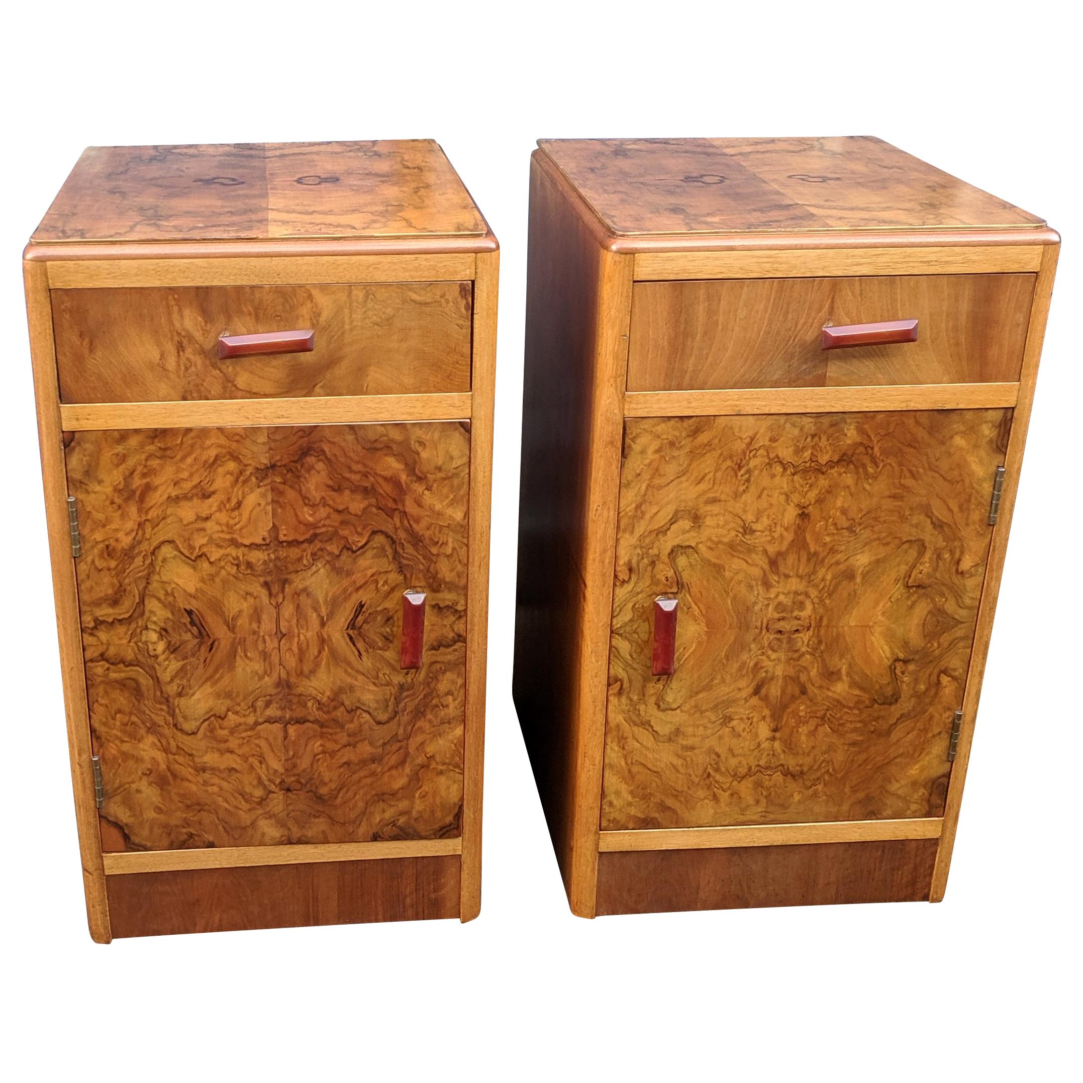 Matching Pair of Art Deco Walnut Bedside Cabinets, circa 1930