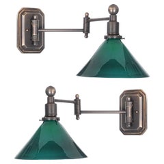 Vintage Matching Pair of Articulated Green over White Tented Glass Sconces
