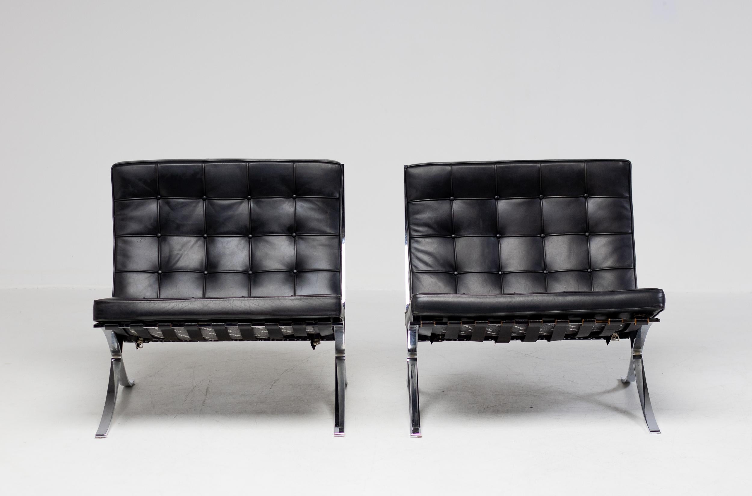Steel Matching Pair of Black Leather Mies van der Rohe for Knoll Barcelona Chairs For Sale