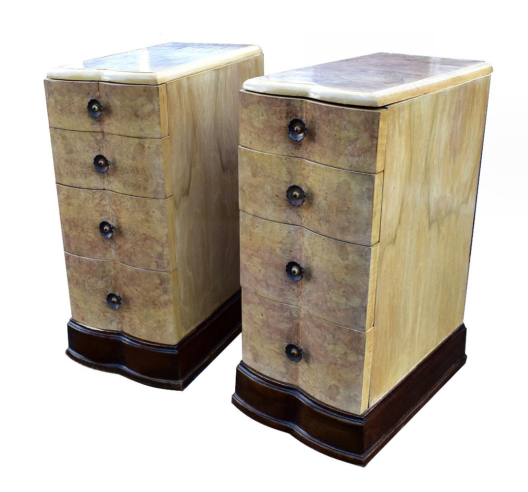 Superbly stylish 1930s Art Deco matching pair of bedside cabinet tables. Rare bleached blonde walnut veneers with a beautifully detailed pattern and grain. You can sense the quality in these cabinets immediately, from the timbers used to the fine