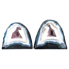 Matching Pair of Blue & White Lace Agate Geodes