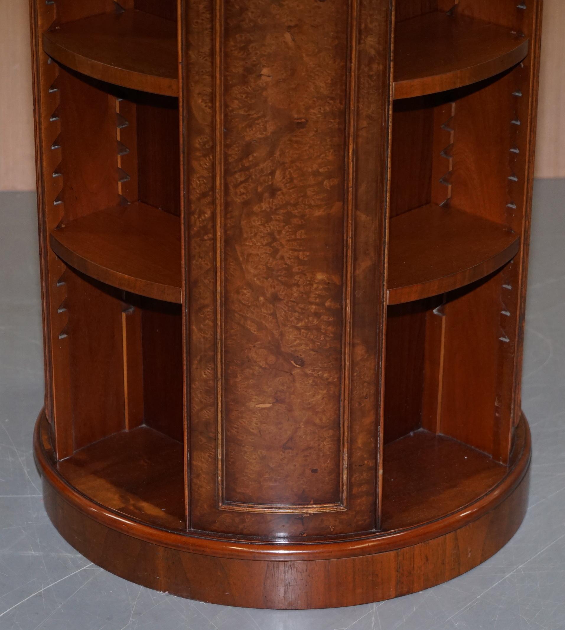 Hand-Crafted Matching Pair of Burr Walnut Revolving Library Study Bookcases Adjustable Shelf