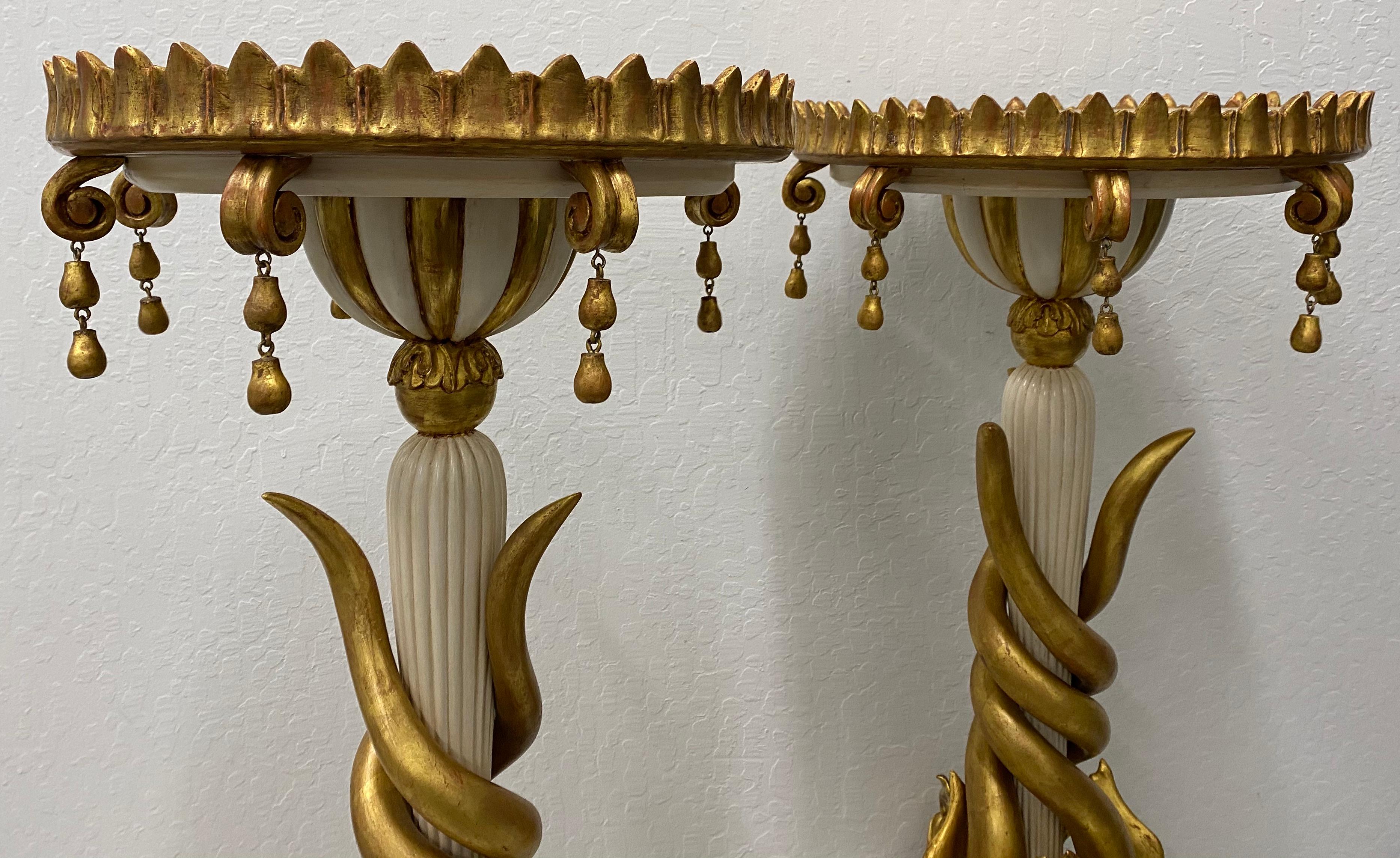 Matching Pair of Carved and Gilded Marble-Top Gueridon Stands, circa 1940 In Good Condition For Sale In San Francisco, CA