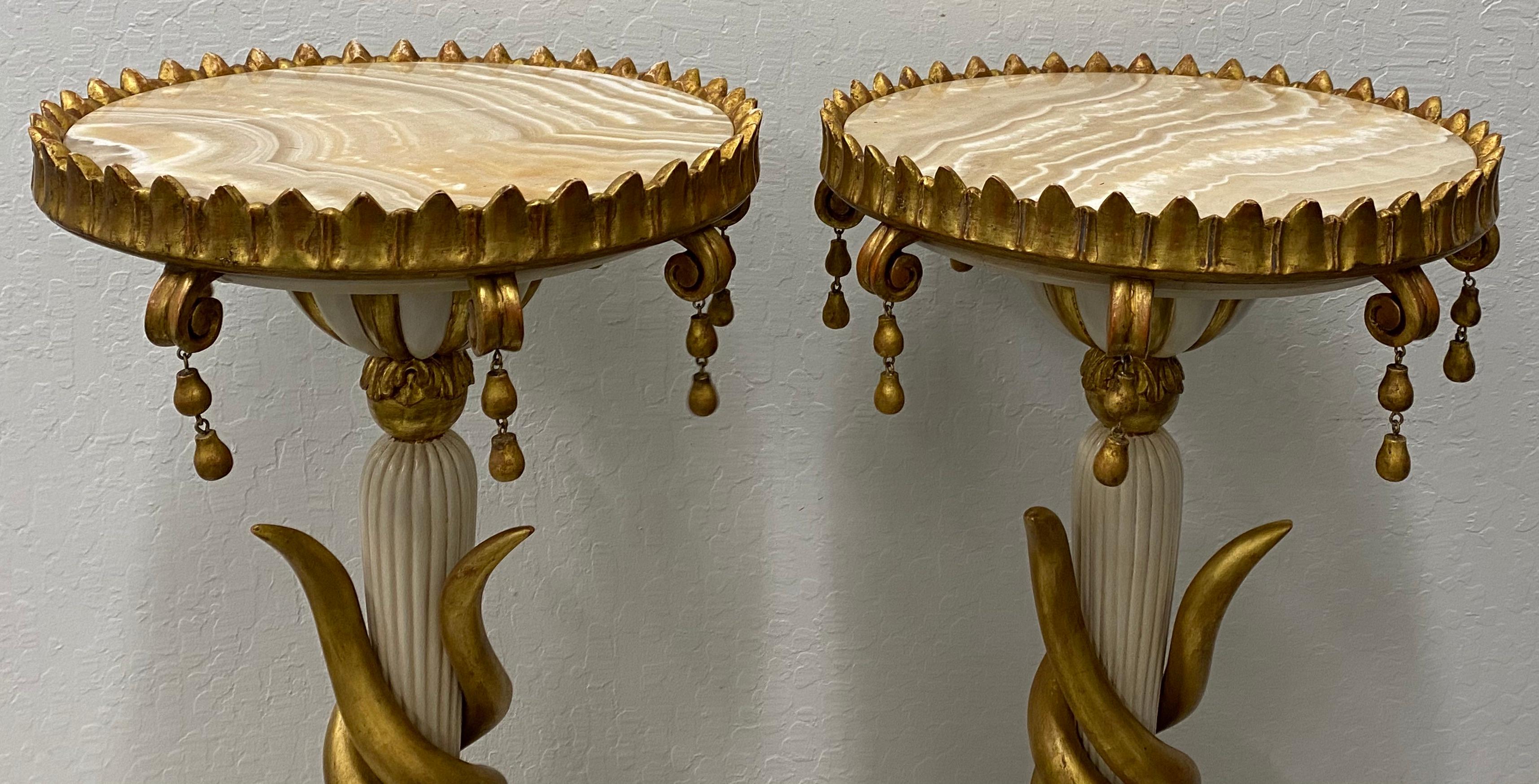 Matching Pair of Carved and Gilded Marble-Top Gueridon Stands, circa 1940 For Sale 1