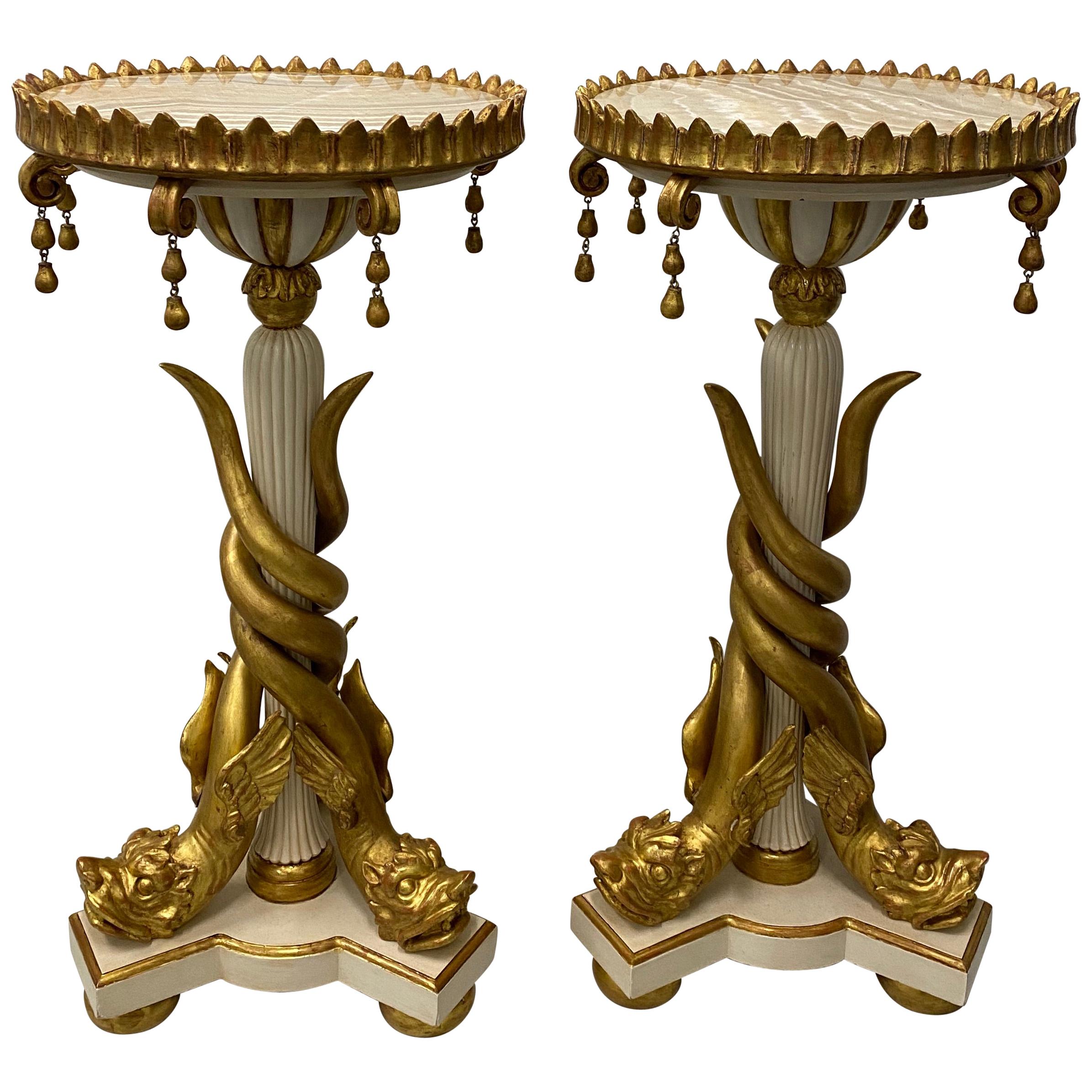 Matching Pair of Carved and Gilded Marble-Top Gueridon Stands, circa 1940