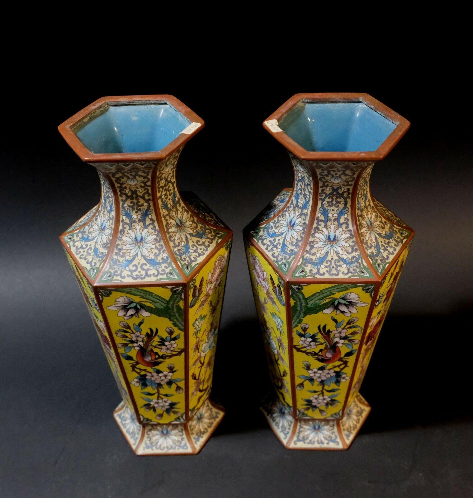 Matching Pair of French Victorian Cloisonné Vases. 19th Century, Victorian period, France origin. Chinoiseries Blue enamel on porcelain with bird foliage and butterflies. Hexagon shape. Great condition. 